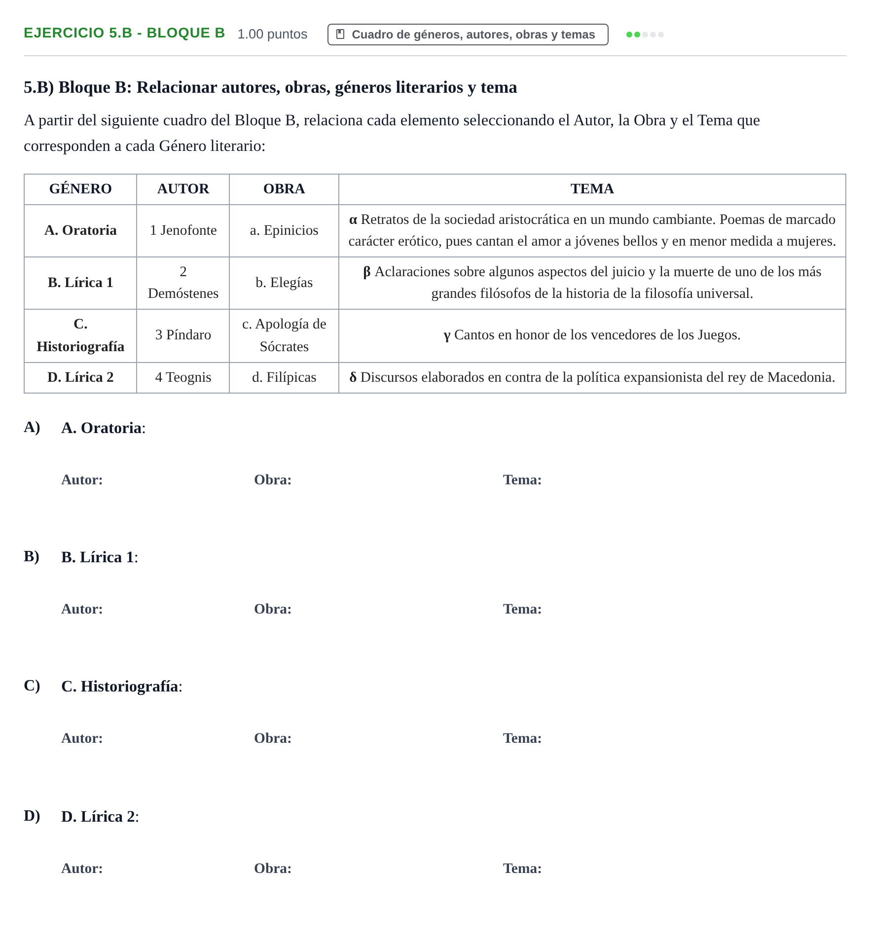 Enunciado: Ejercicio 5.B - Bloque B · Griego II PAU Castilla-La Mancha Ordinaria 2024