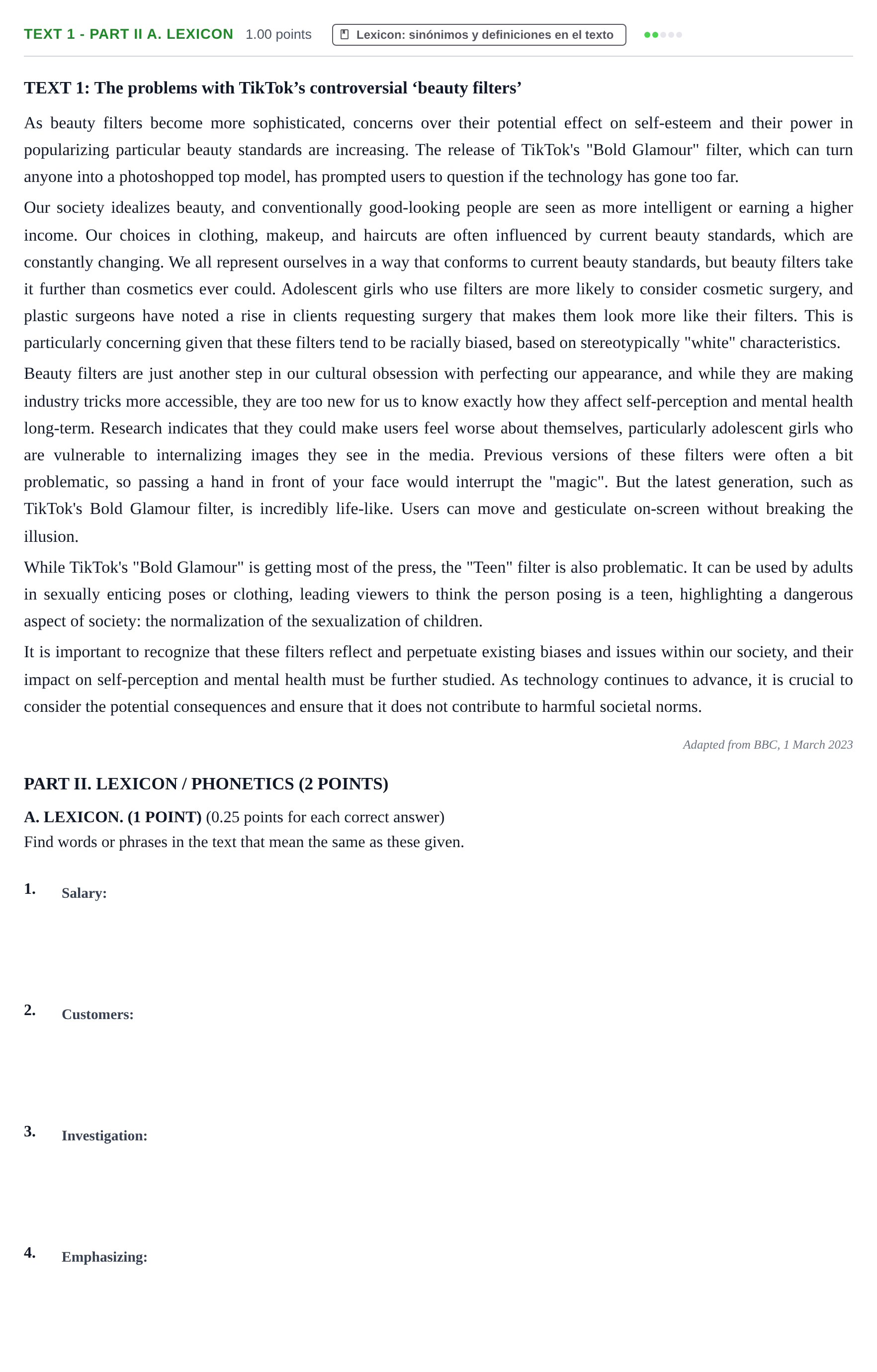Enunciado: Ejercicio Text 1 - Part II A. Lexicon · Inglés PAU Castilla-La Mancha Extraordinaria 2024