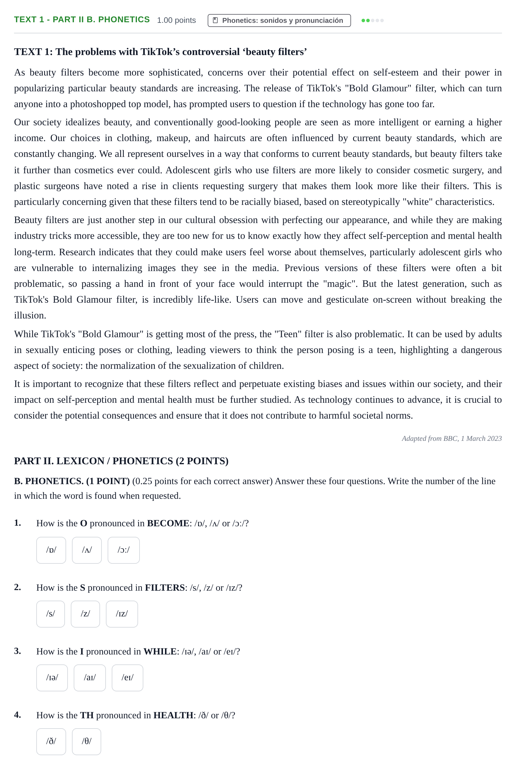 Enunciado: Ejercicio Text 1 - Part II B. Phonetics · Inglés PAU Castilla-La Mancha Extraordinaria 2024