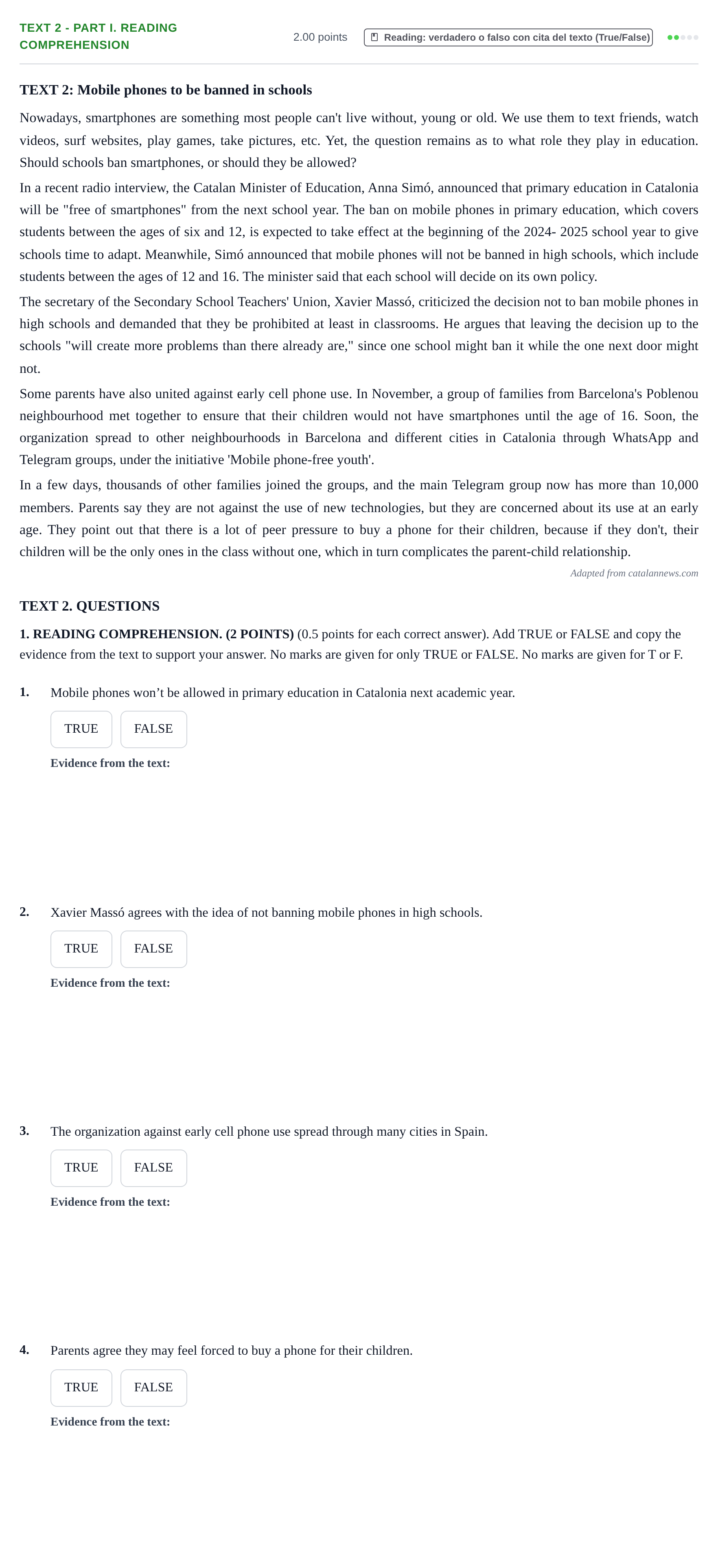 Enunciado: Ejercicio Text 2 - Part I. Reading Comprehension · Inglés PAU Castilla-La Mancha Extraordinaria 2024