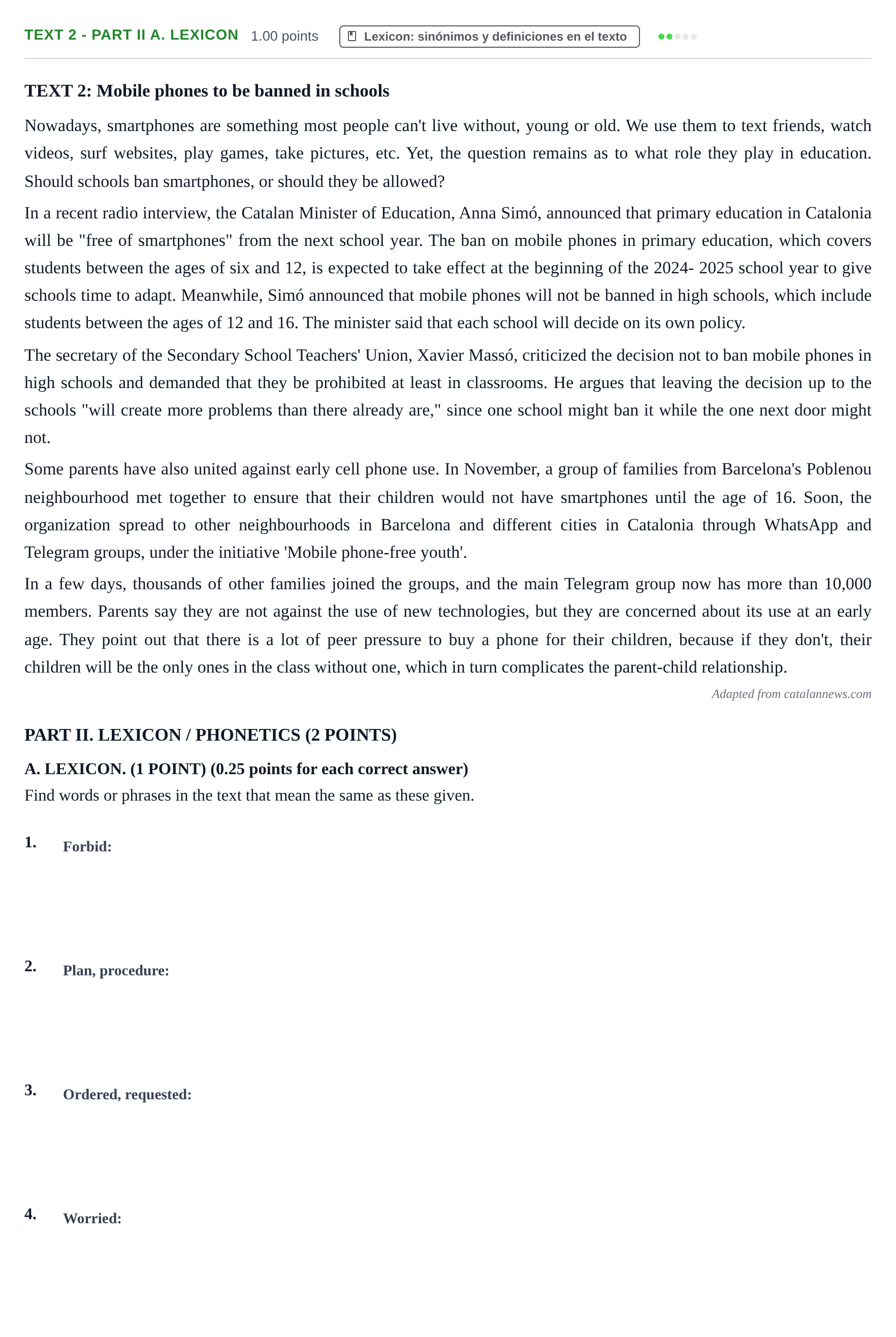 Enunciado: Ejercicio Text 2 - Part II A. Lexicon · Inglés PAU Castilla-La Mancha Extraordinaria 2024