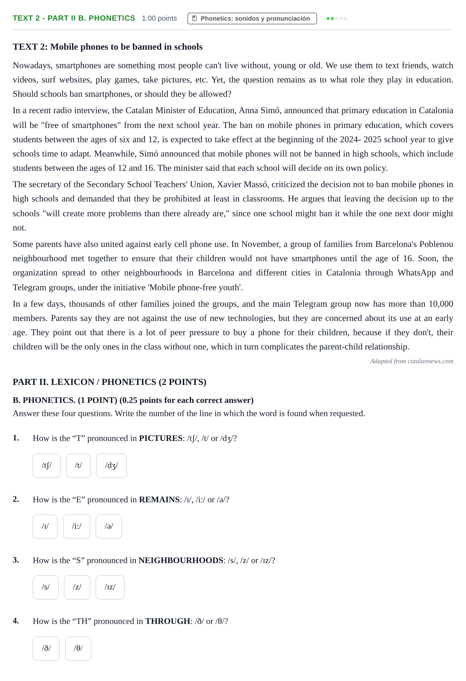 Enunciado: Ejercicio Text 2 - Part II B. Phonetics · Inglés PAU Castilla-La Mancha Extraordinaria 2024
