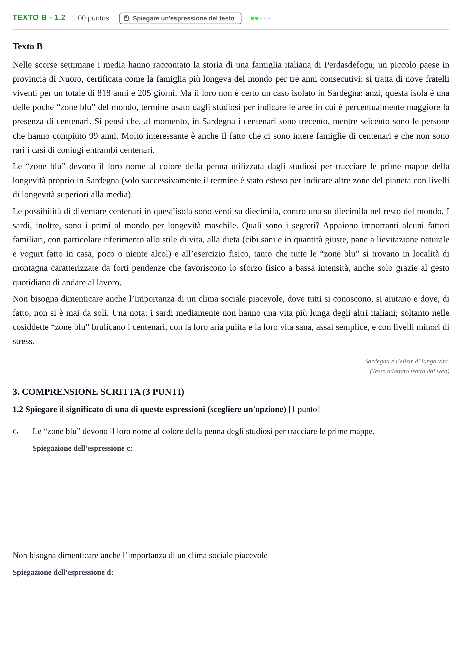 Enunciado: Ejercicio Texto B - 1.2 · Italiano PAU Castilla-La Mancha Extraordinaria 2024