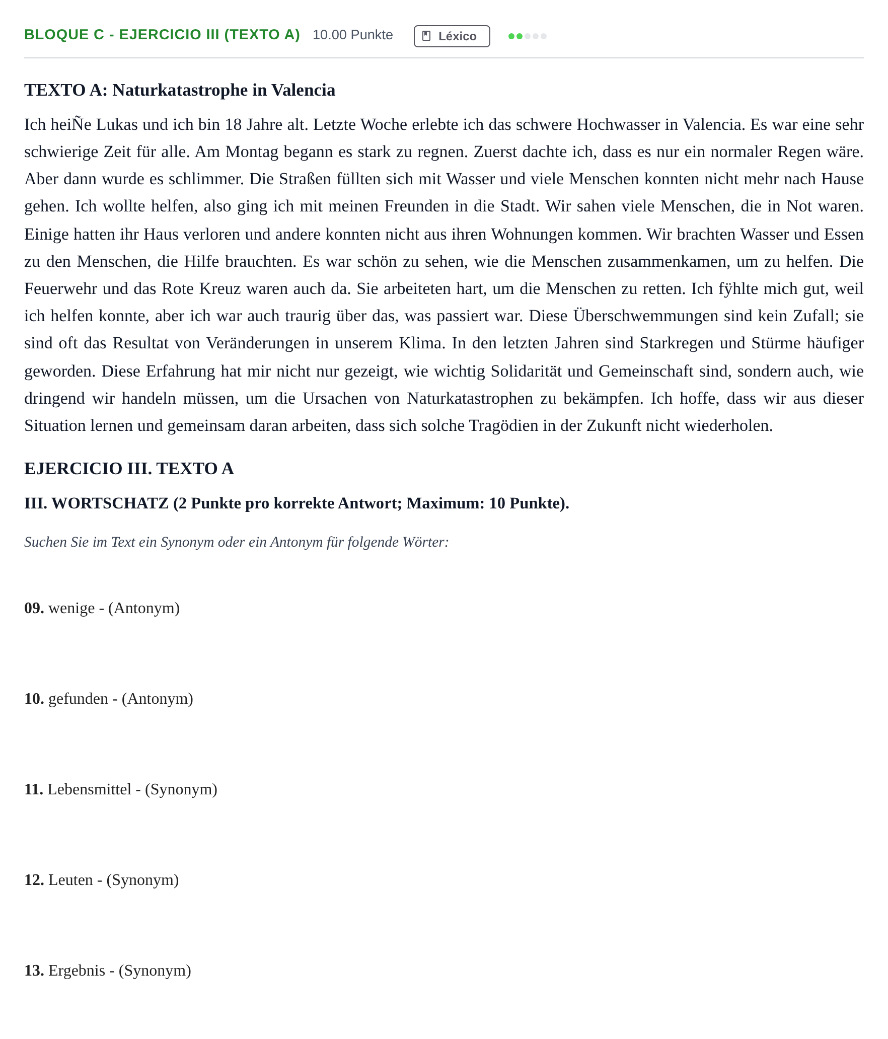 Enunciado: Bloque C - Ejercicio III (Texto A) · Alemán PAU Andalucía Extraordinaria Suplente 1 2025