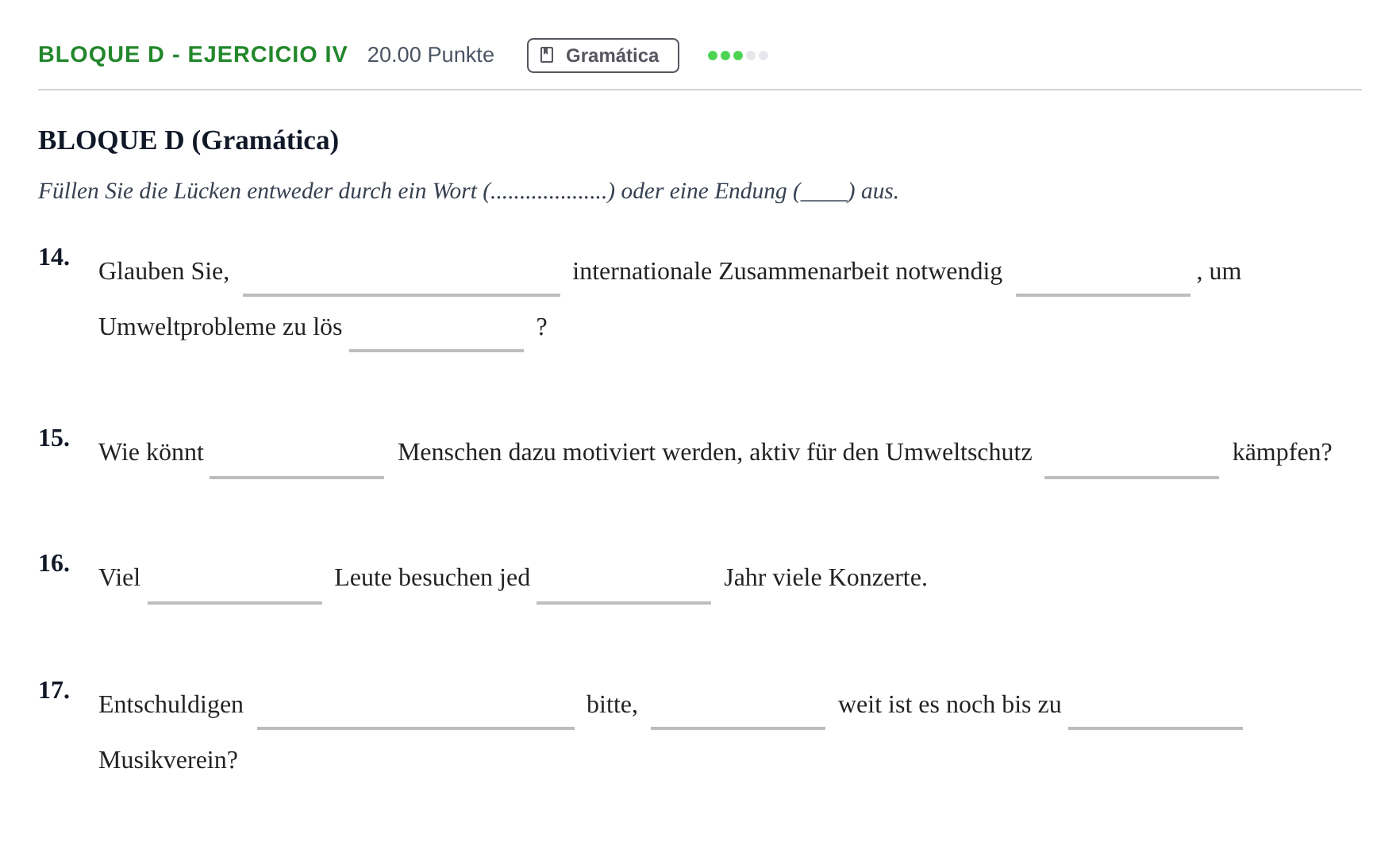 Enunciado: Bloque D - Ejercicio IV · Alemán PAU Andalucía Extraordinaria Suplente 1 2025