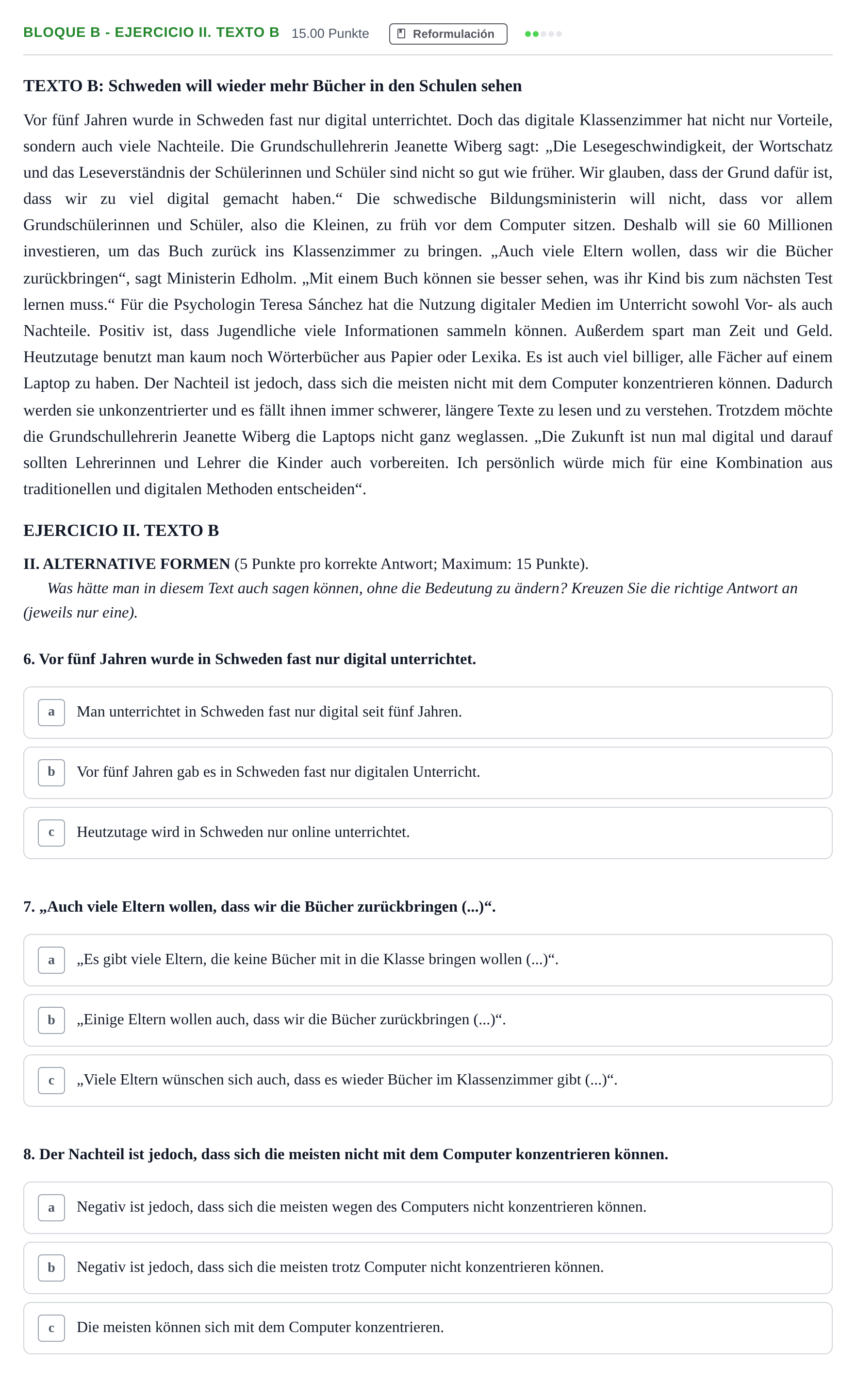Enunciado: Bloque B - Ejercicio II. Texto B · Alemán PAU Andalucía Extraordinaria Suplente 2 2025