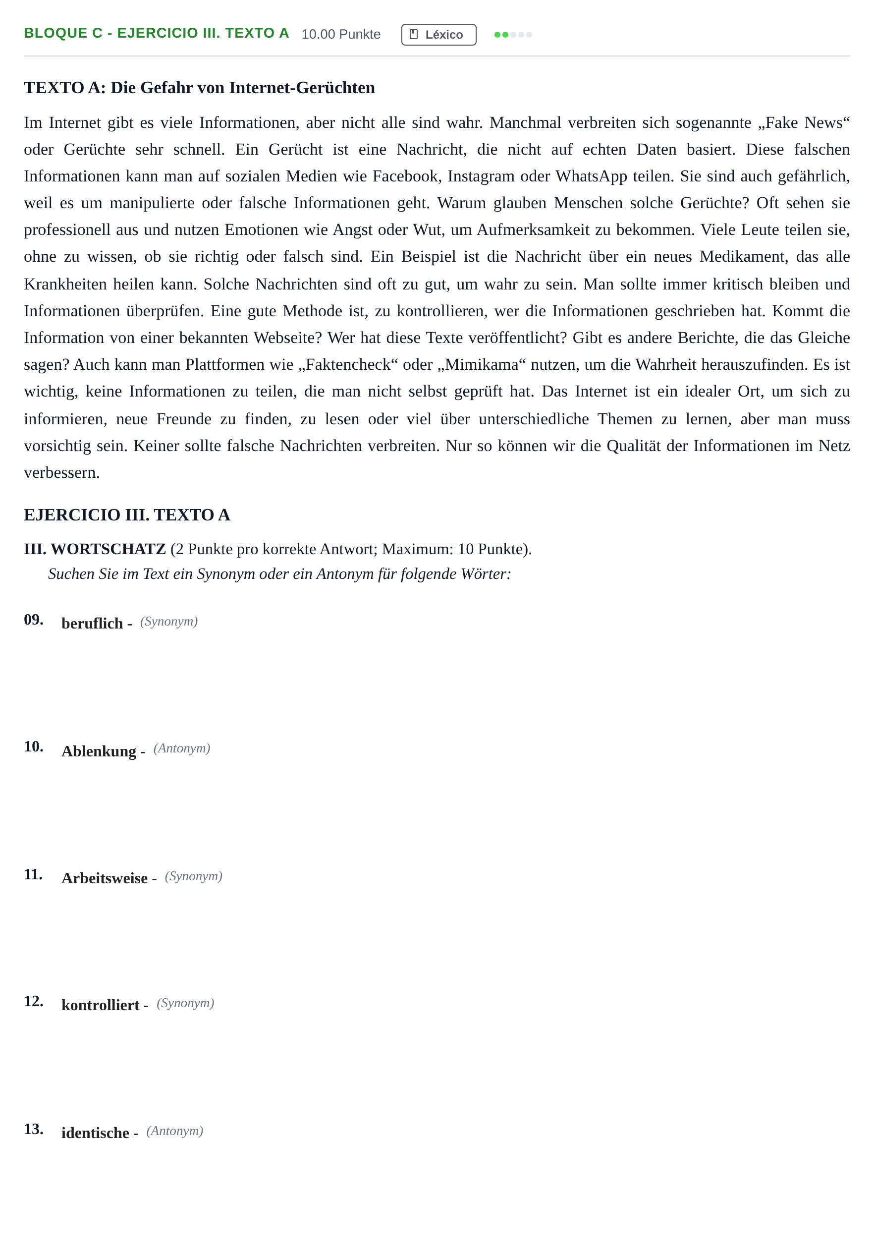 Enunciado: Bloque C - Ejercicio III. Texto A · Alemán PAU Andalucía Extraordinaria Suplente 2 2025
