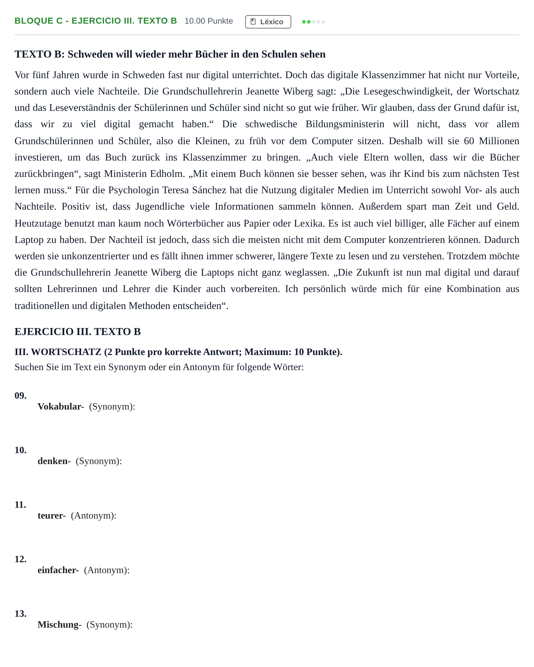 Enunciado: Bloque C - Ejercicio III. Texto B · Alemán PAU Andalucía Extraordinaria Suplente 2 2025