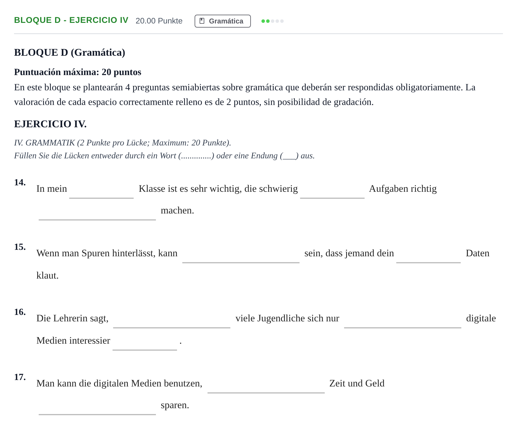 Enunciado: Bloque D - Ejercicio IV · Alemán PAU Andalucía Extraordinaria Suplente 2 2025