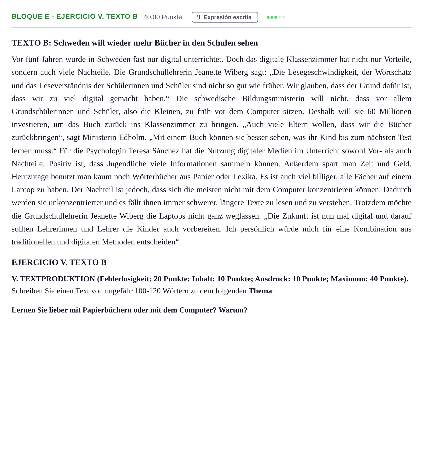 Enunciado: Bloque E - Ejercicio V. Texto B · Alemán PAU Andalucía Extraordinaria Suplente 2 2025