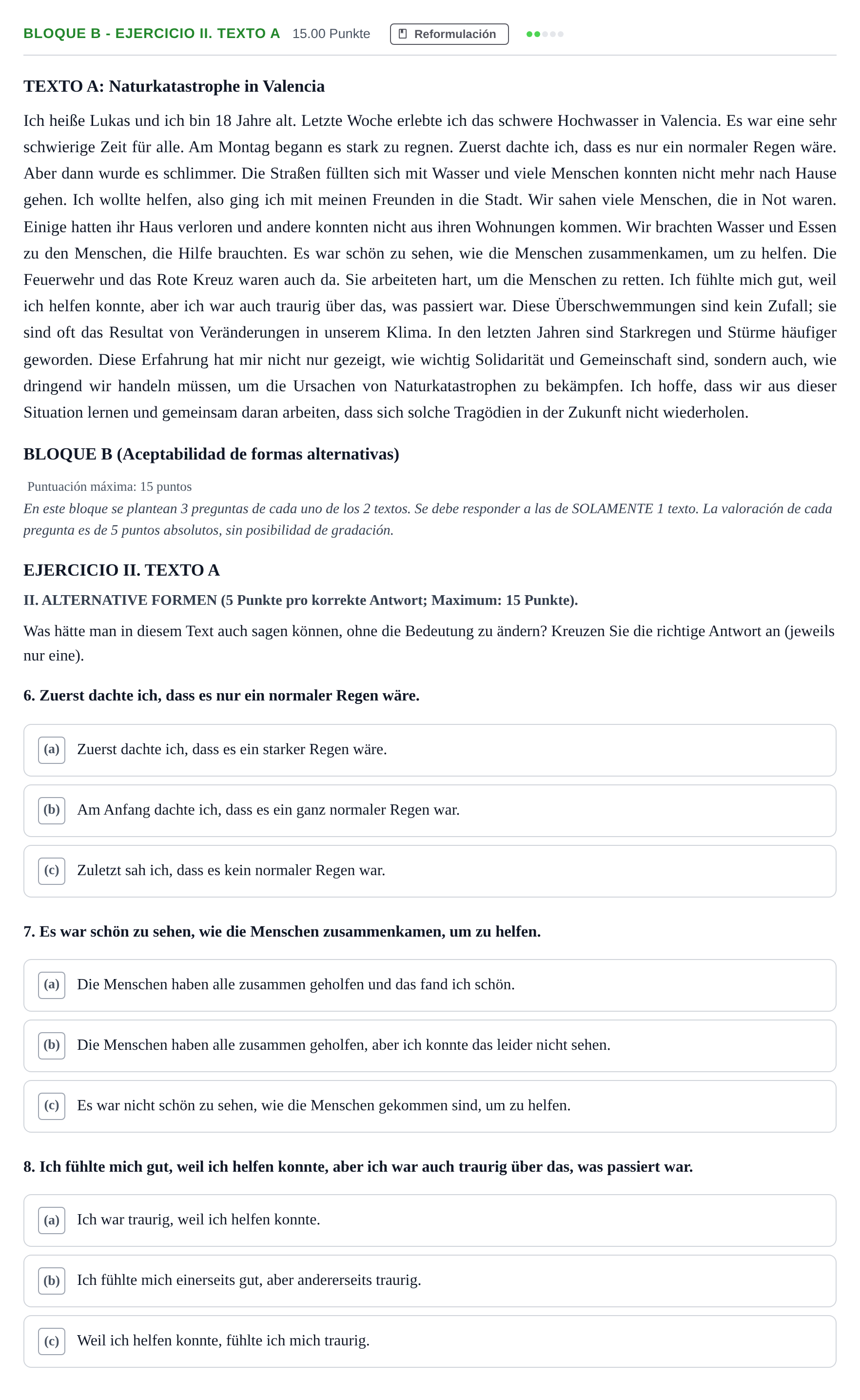 Enunciado: Bloque B - Ejercicio II. Texto A · Alemán PAU Andalucía Extraordinaria Suplente 1 2025