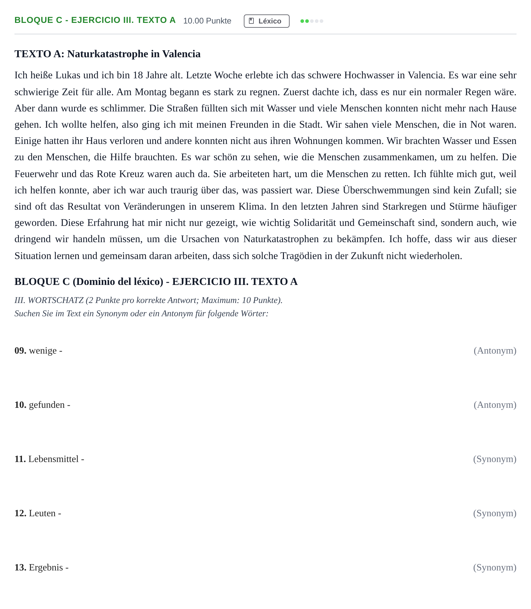 Enunciado: Bloque C - Ejercicio III. Texto A · Alemán PAU Andalucía Extraordinaria Suplente 1 2025