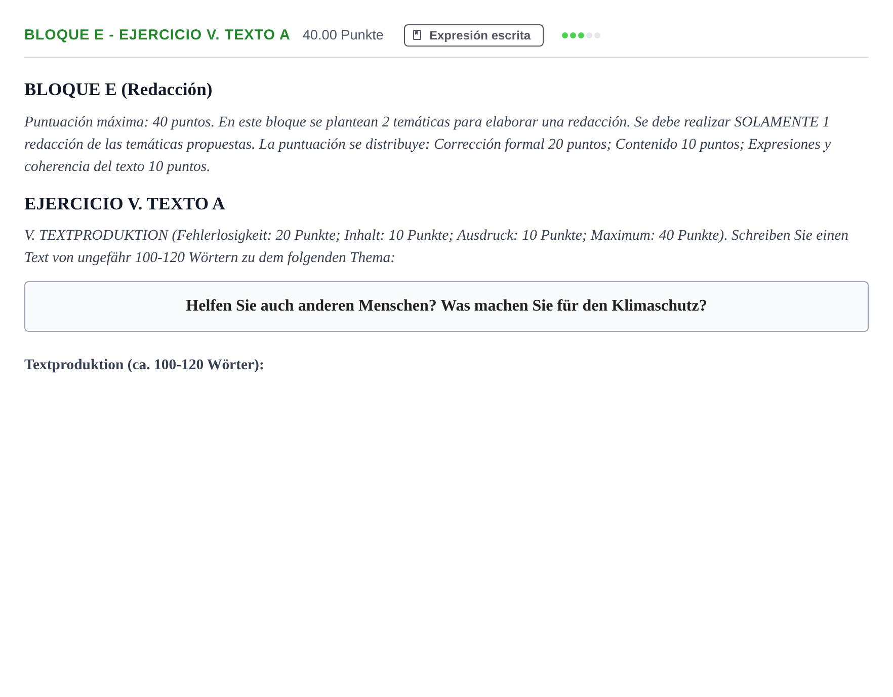 Enunciado: Bloque E - Ejercicio V. Texto A · Alemán PAU Andalucía Extraordinaria Suplente 1 2025