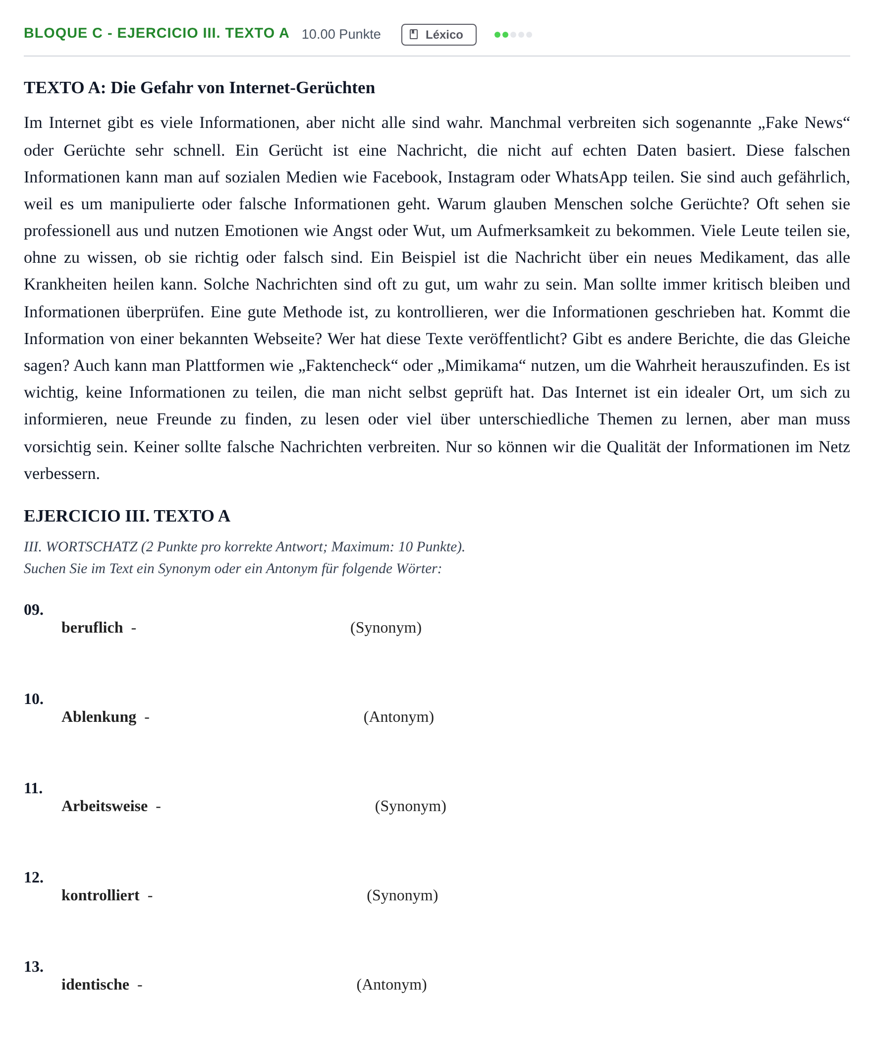 Enunciado: Bloque C - Ejercicio III. Texto A · Alemán PAU Andalucía Extraordinaria Suplente 2 2025
