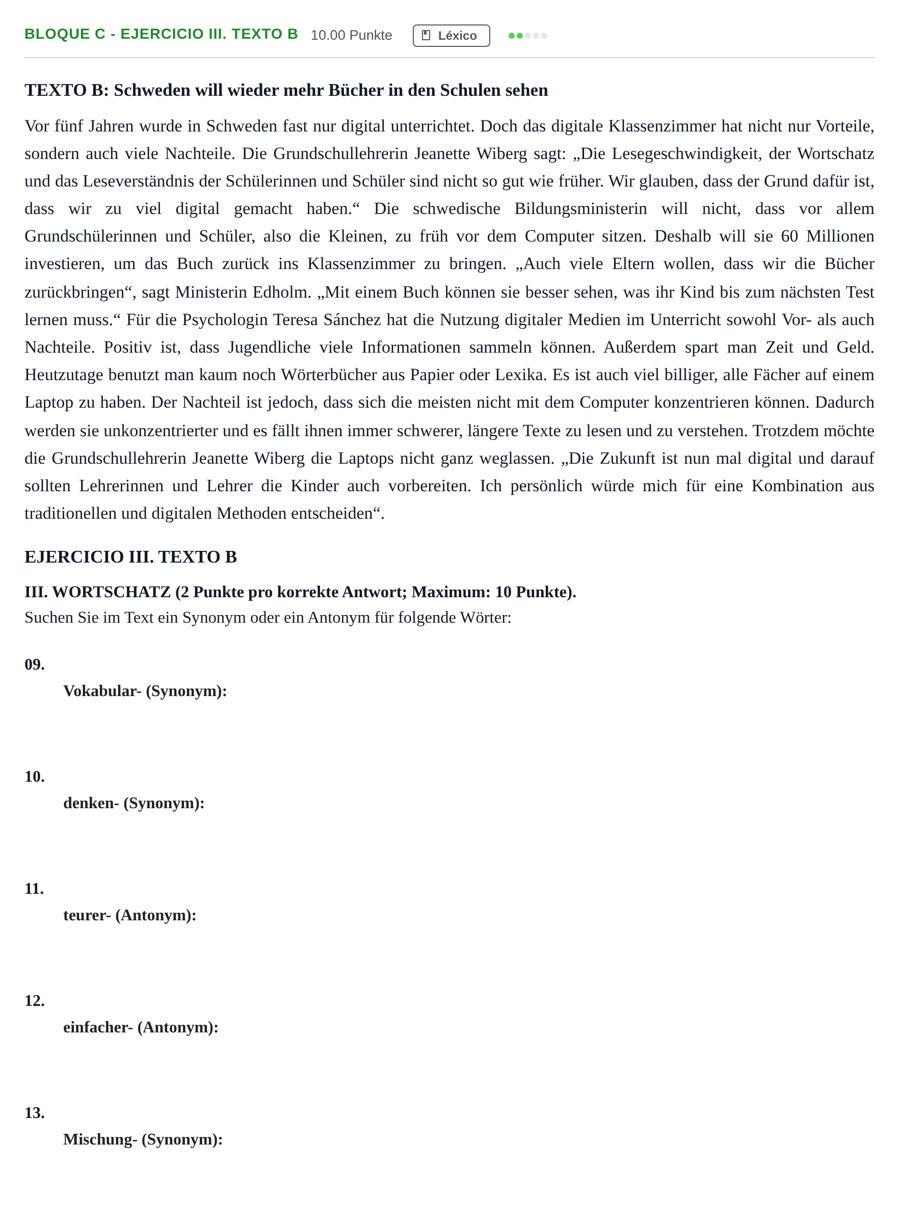 Enunciado: Bloque C - Ejercicio III. Texto B · Alemán PAU Andalucía Extraordinaria Suplente 2 2025
