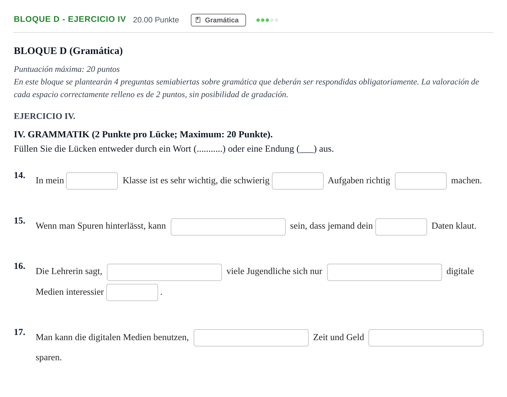 Enunciado: Bloque D - Ejercicio IV · Alemán PAU Andalucía Extraordinaria Suplente 2 2025