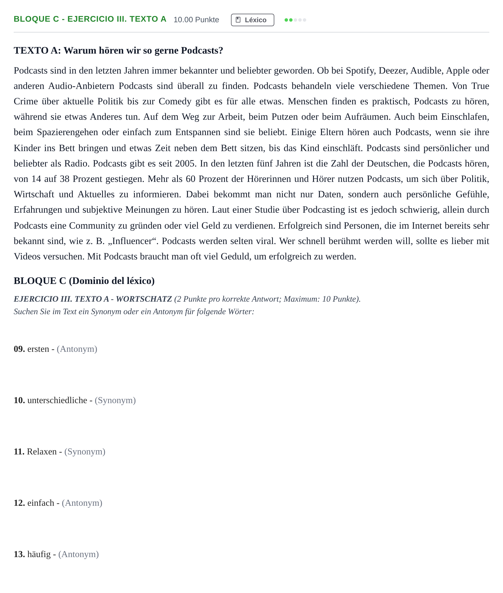 Enunciado: Bloque C - Ejercicio III. Texto A · Alemán PAU Andalucía Extraordinaria Titular (Acceso) 2025