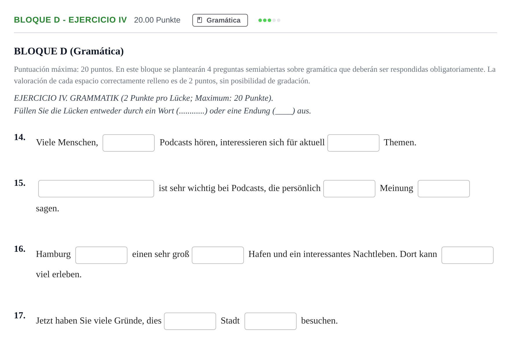 Enunciado: Bloque D - Ejercicio IV · Alemán PAU Andalucía Extraordinaria Titular (Acceso) 2025