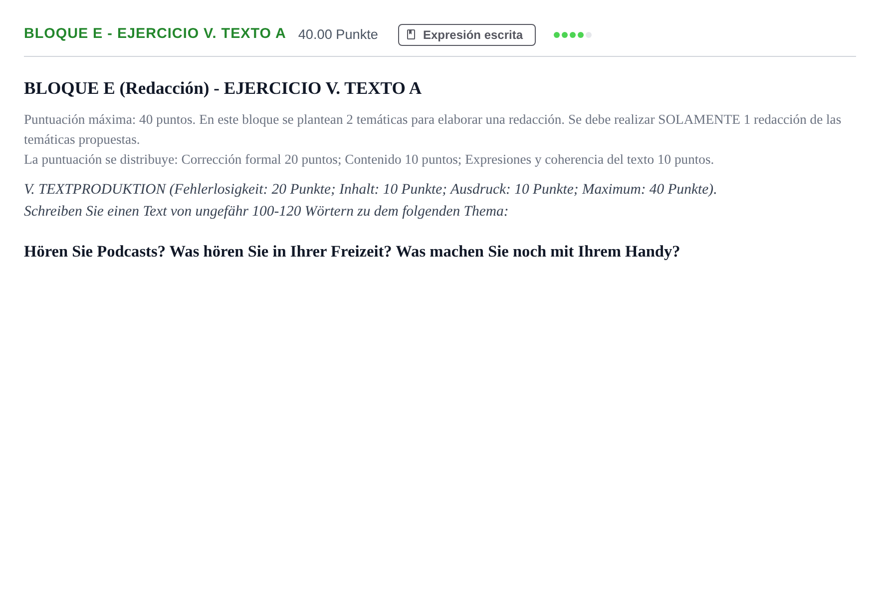 Enunciado: Bloque E - Ejercicio V. Texto A · Alemán PAU Andalucía Extraordinaria Titular (Acceso) 2025