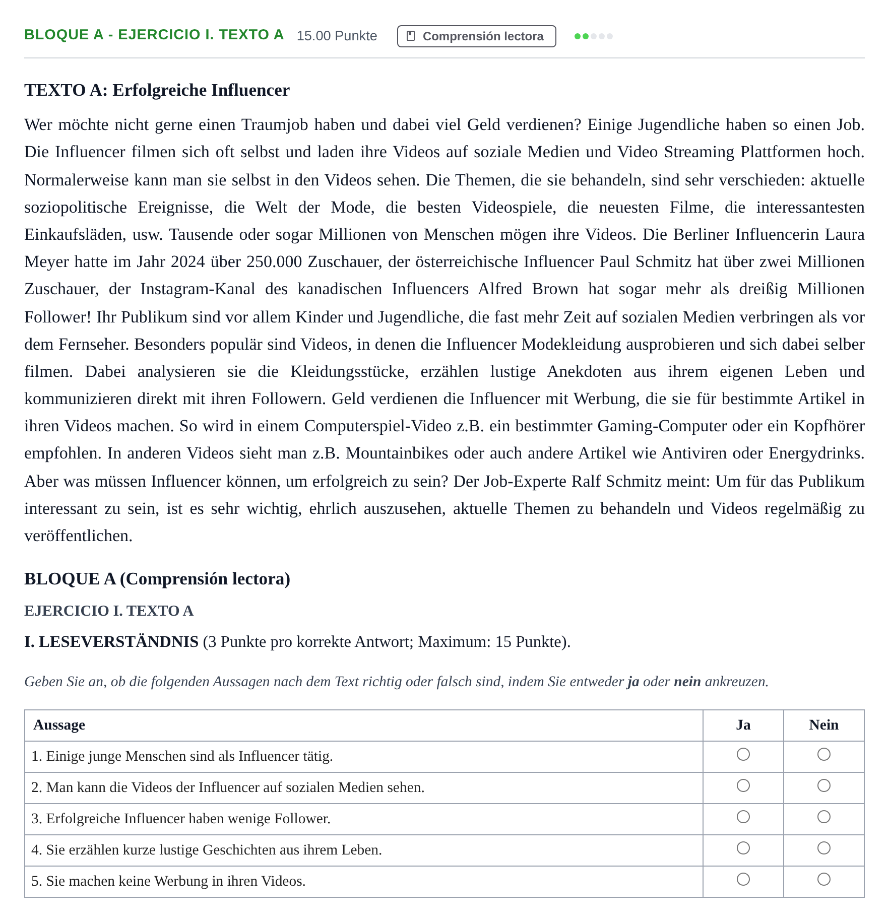 Enunciado: Bloque A - Ejercicio I. Texto A · Alemán PAU Andalucía Extraordinaria Titular (Admisión) 2025