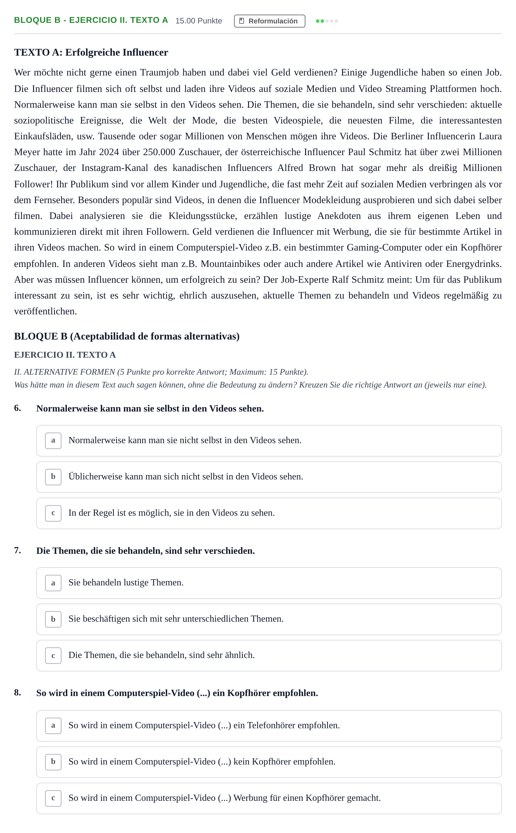 Enunciado: Bloque B - Ejercicio II. Texto A · Alemán PAU Andalucía Extraordinaria Titular (Admisión) 2025