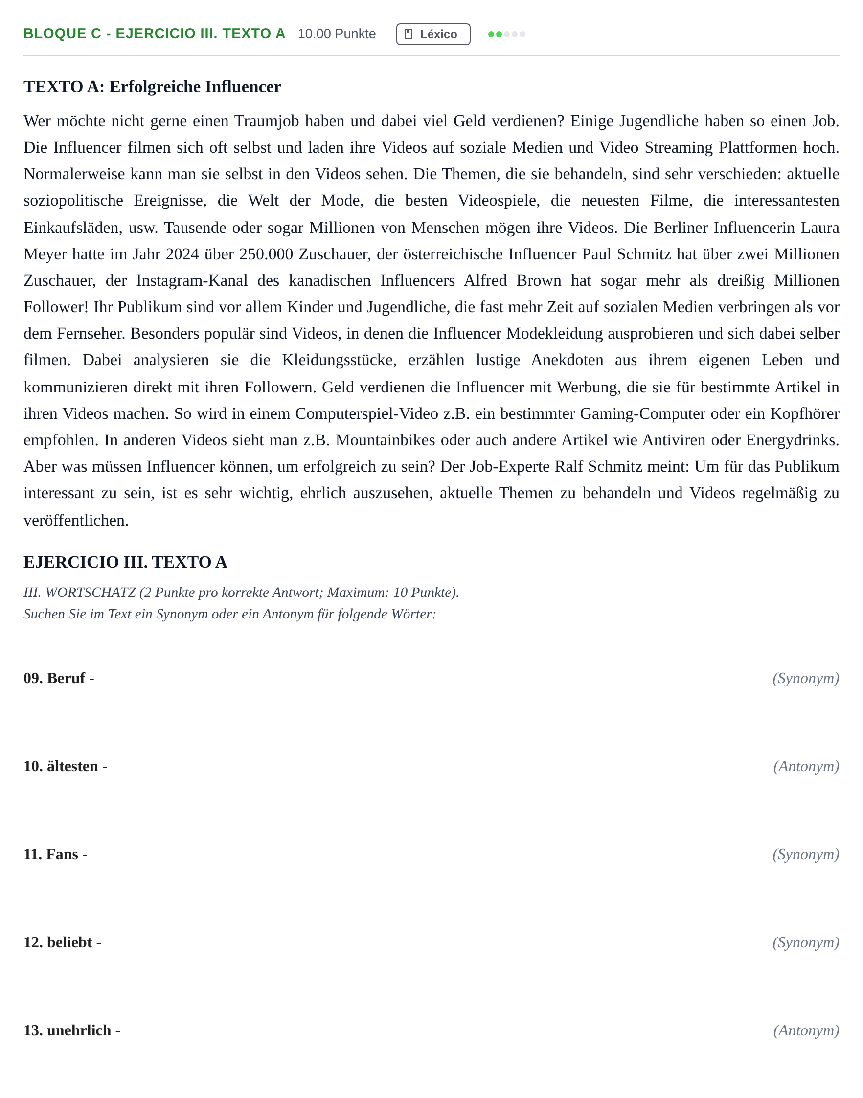 Enunciado: Bloque C - Ejercicio III. Texto A · Alemán PAU Andalucía Extraordinaria Titular (Admisión) 2025