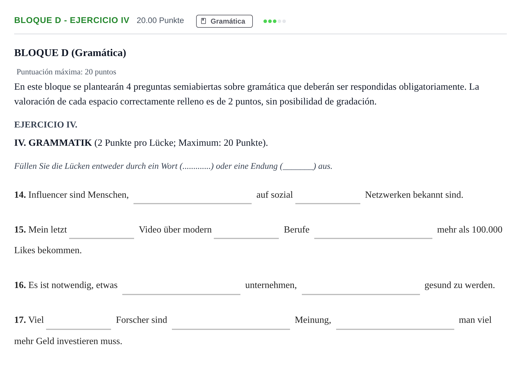Enunciado: Bloque D - Ejercicio IV · Alemán PAU Andalucía Extraordinaria Titular (Admisión) 2025