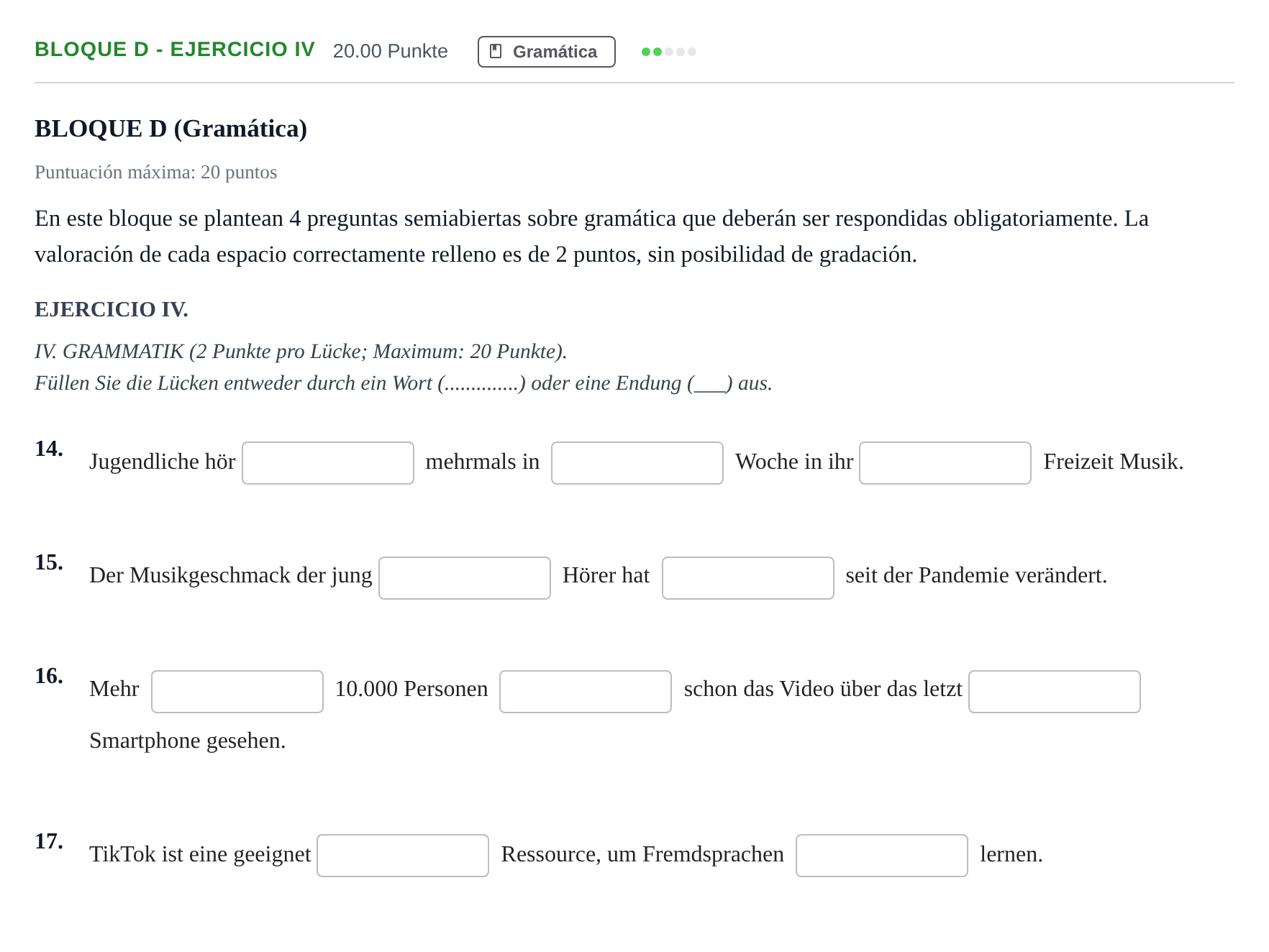 Enunciado: Bloque D - Ejercicio IV · Alemán PAU Andalucía Ordinaria Suplente 1 2025
