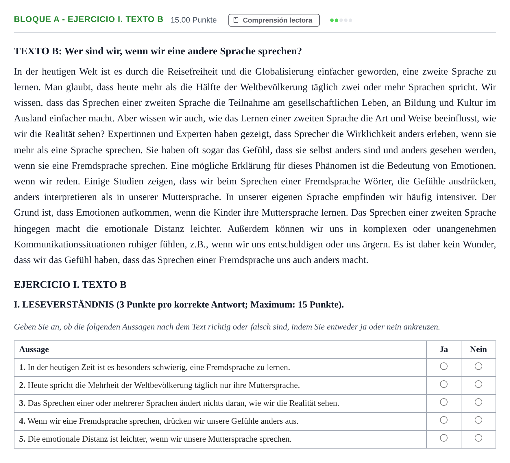 Enunciado: Bloque A - Ejercicio I. Texto B · Alemán PAU Andalucía Ordinaria Suplente 2 2025