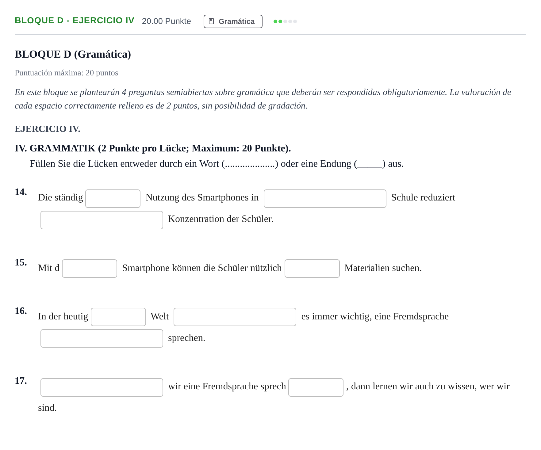 Enunciado: Bloque D - Ejercicio IV · Alemán PAU Andalucía Ordinaria Suplente 2 2025
