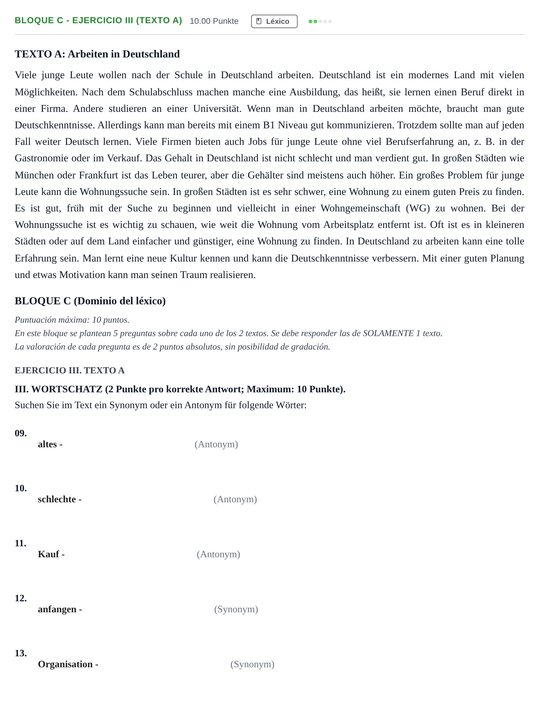 Enunciado: Bloque C - Ejercicio III (Texto A) · Alemán PAU Andalucía Ordinaria Titular (Admisión) 2025