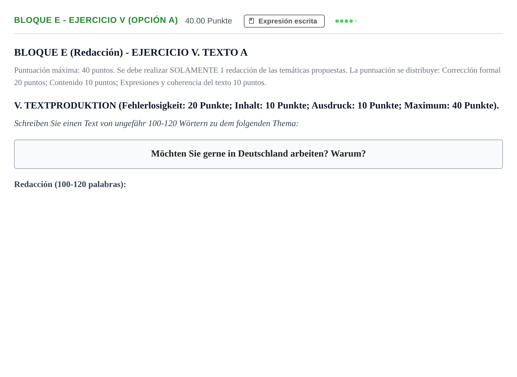 Enunciado: Bloque E - Ejercicio V (Opción A) · Alemán PAU Andalucía Ordinaria Titular (Admisión) 2025