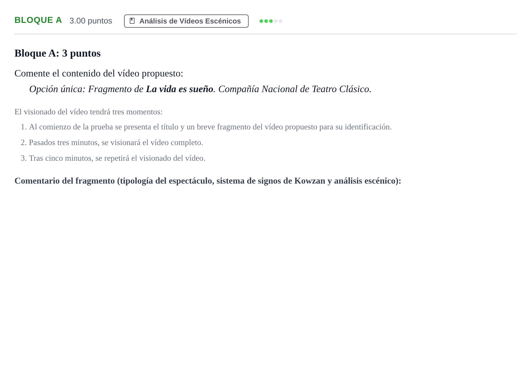 Enunciado: Bloque A · Artes Escénicas PAU Andalucía Extraordinaria Suplente 1 2025