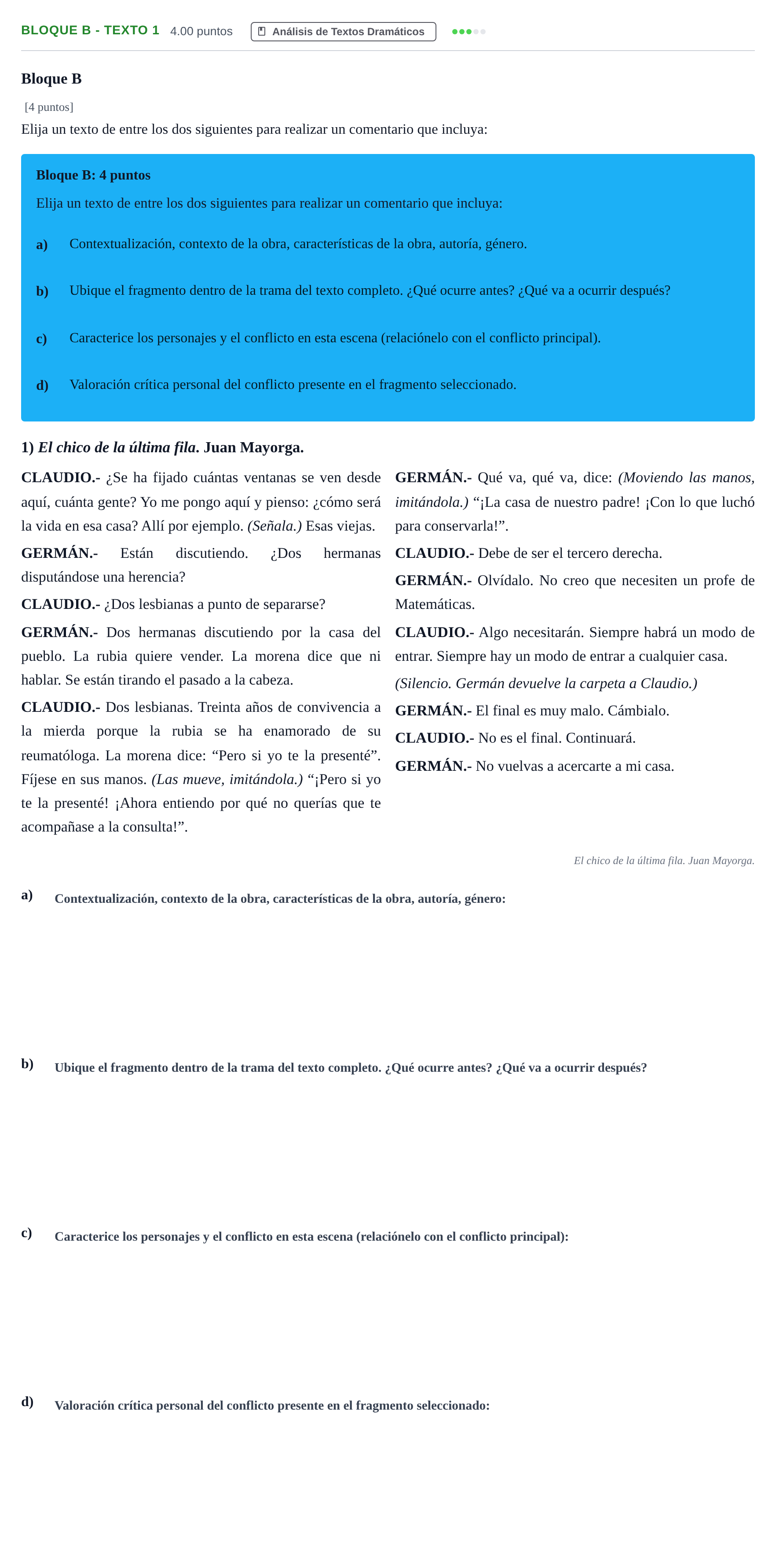 Enunciado: Bloque B - Texto 1 · Artes Escénicas PAU Andalucía Extraordinaria Suplente 2 2025