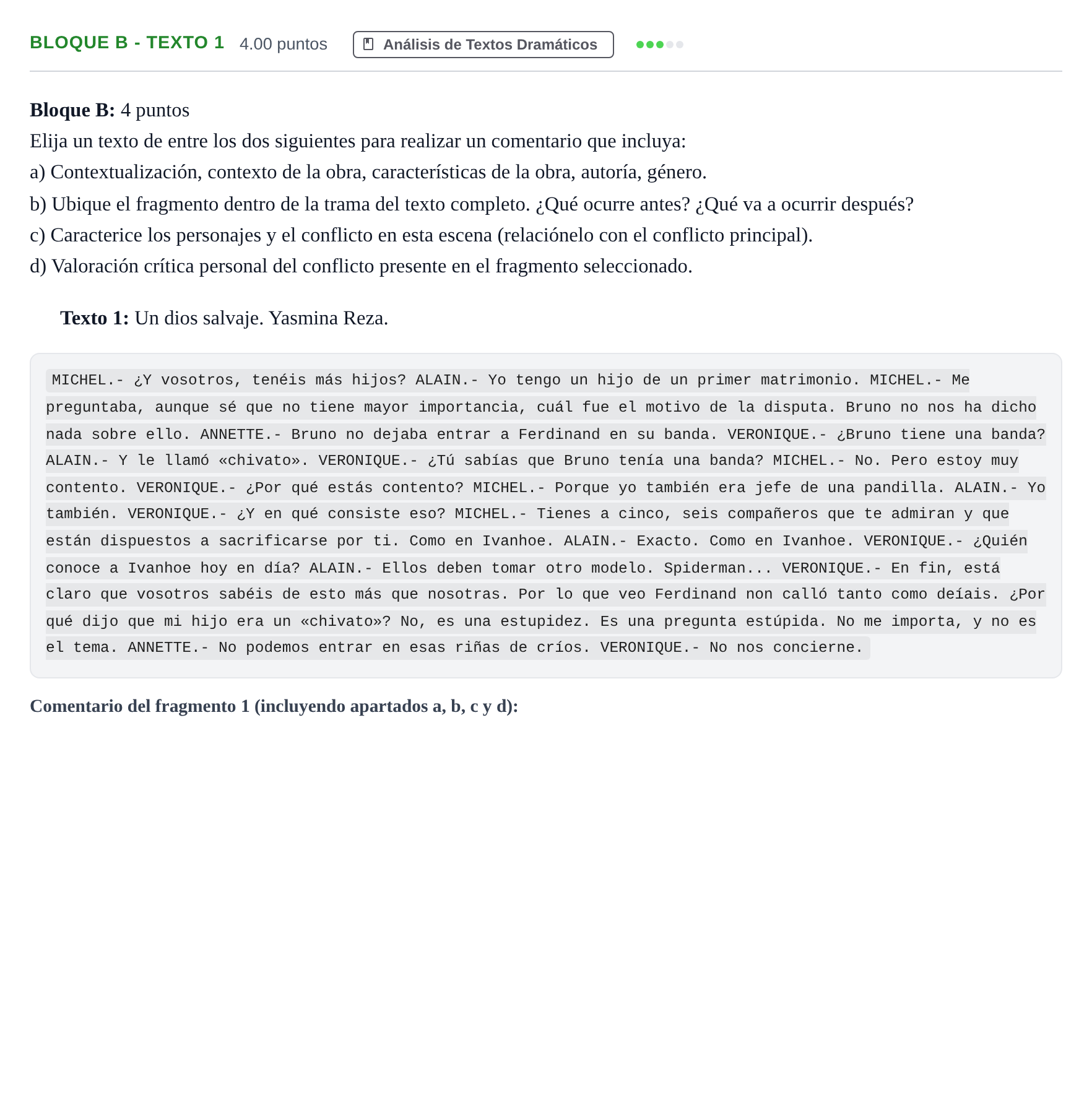 Enunciado: Bloque B - Texto 1 · Artes Escénicas PAU Andalucía Ordinaria Suplente 1 2025
