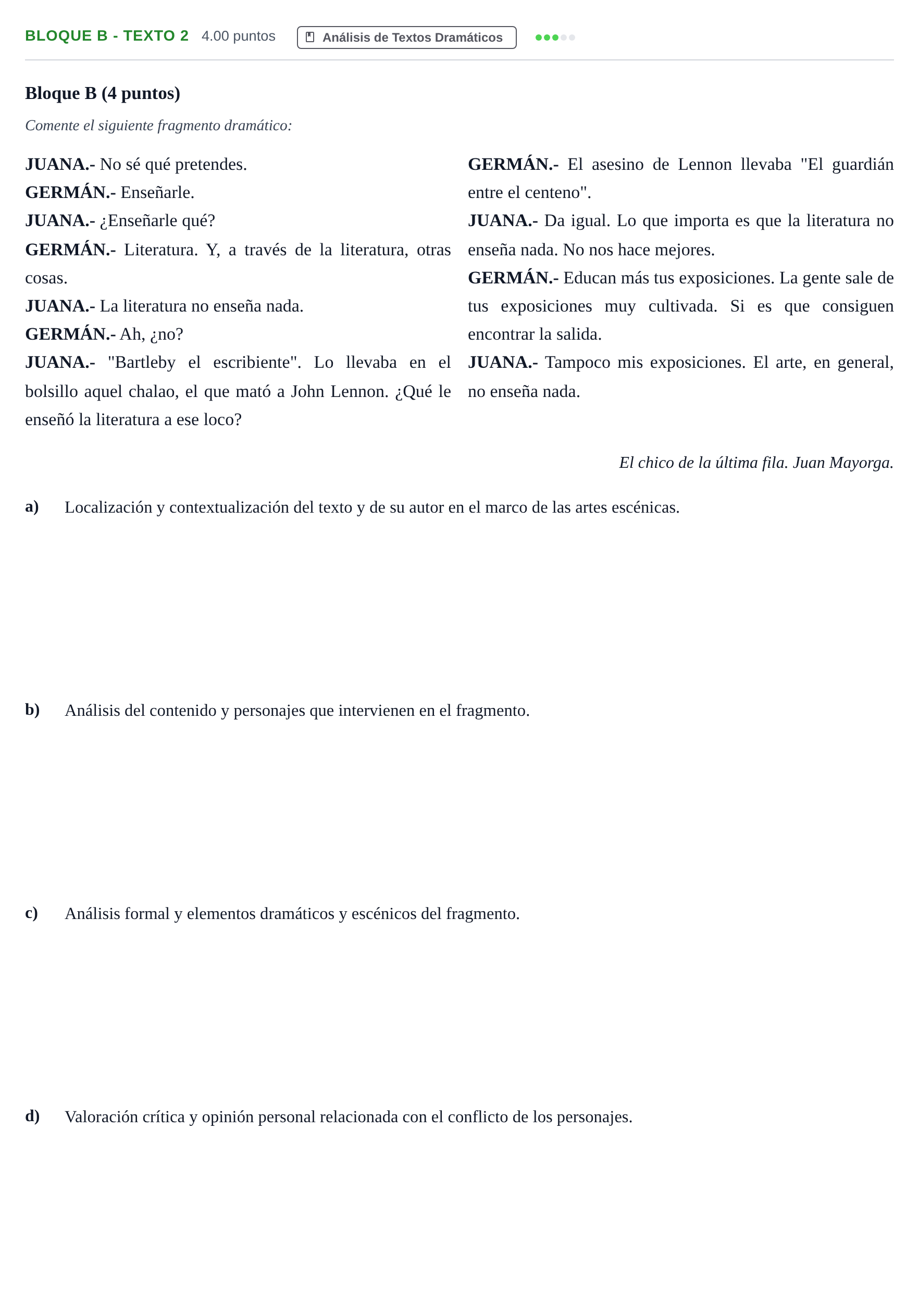 Enunciado: Bloque B - Texto 2 · Artes Escénicas PAU Andalucía Ordinaria Suplente 1 2025