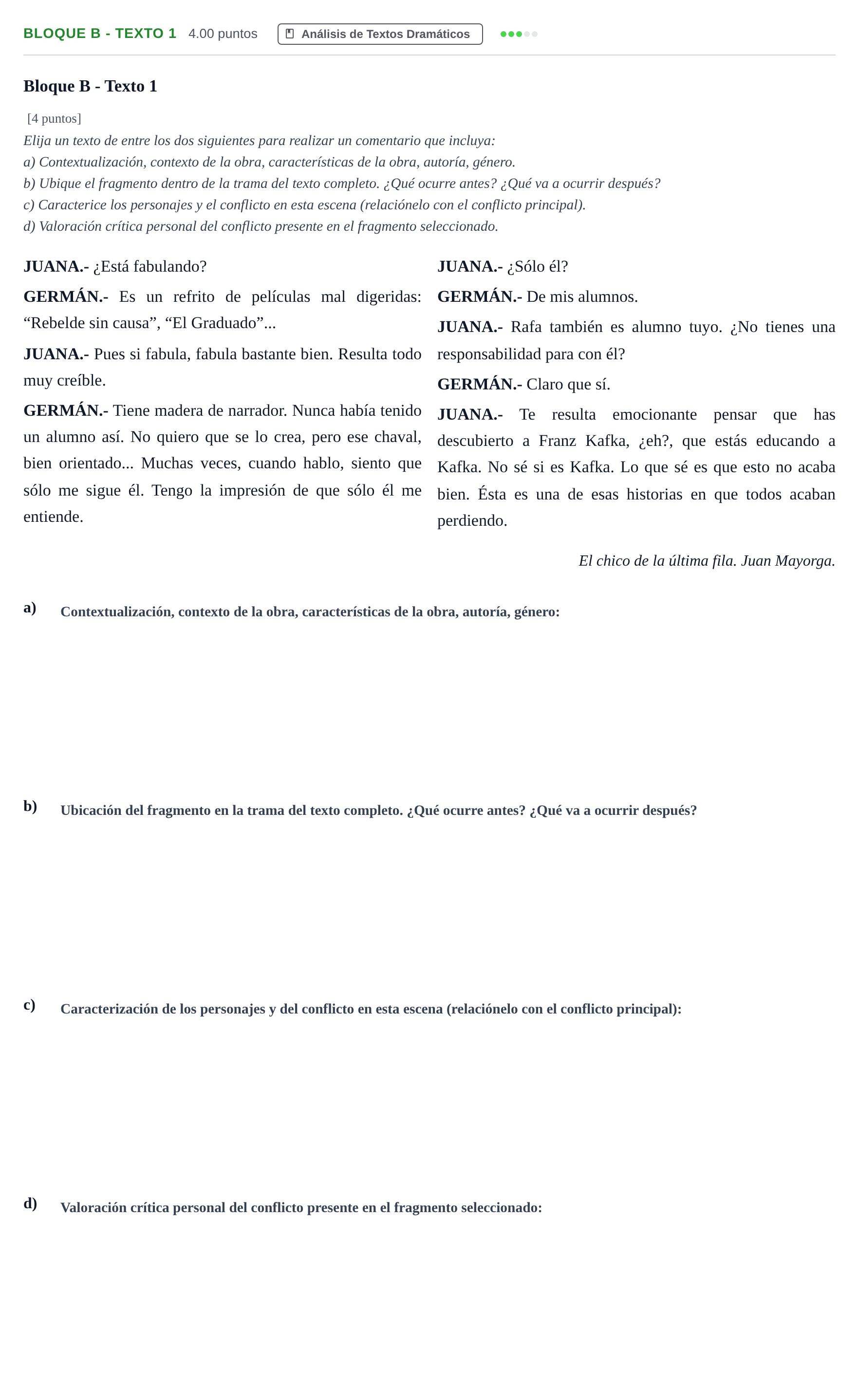 Enunciado: Bloque B - Texto 1 · Artes Escénicas PAU Andalucía Ordinaria Suplente 2 2025