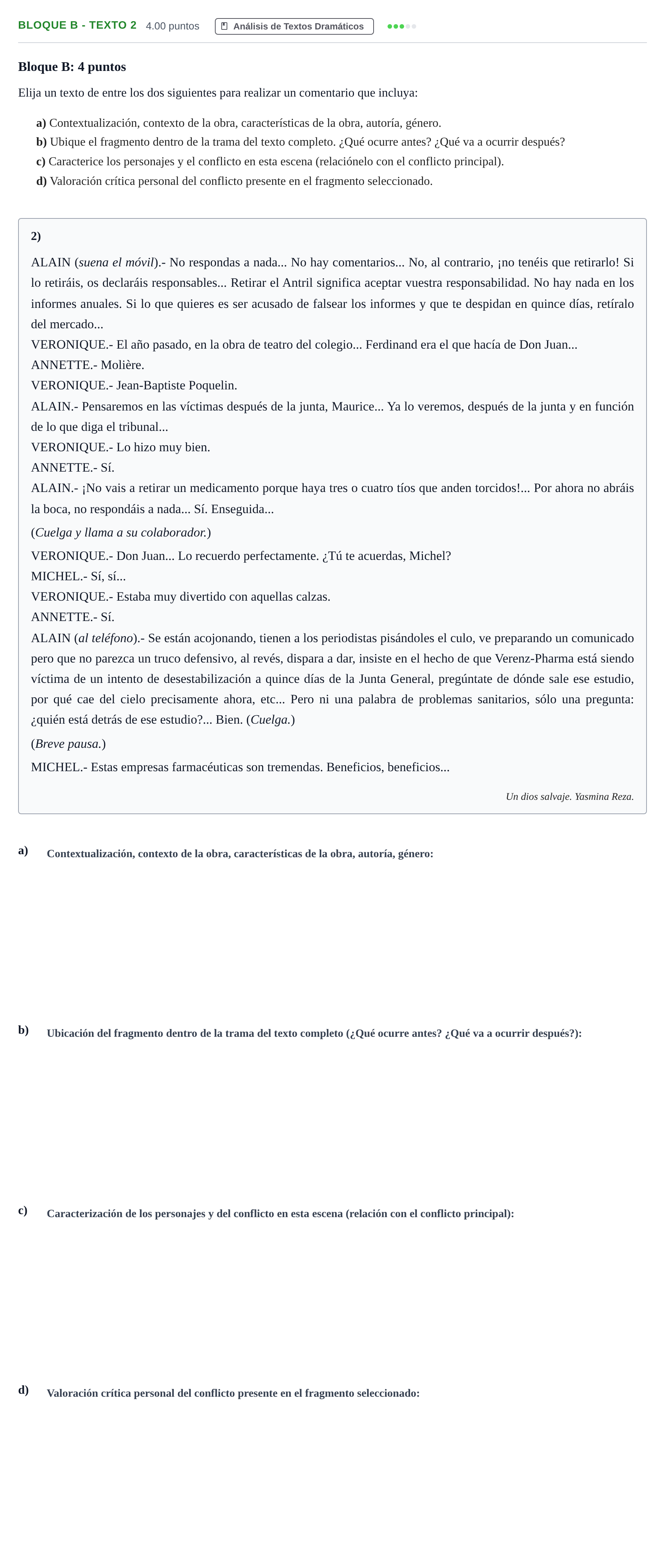 Enunciado: Bloque B - Texto 2 · Artes Escénicas PAU Andalucía Ordinaria Suplente 2 2025