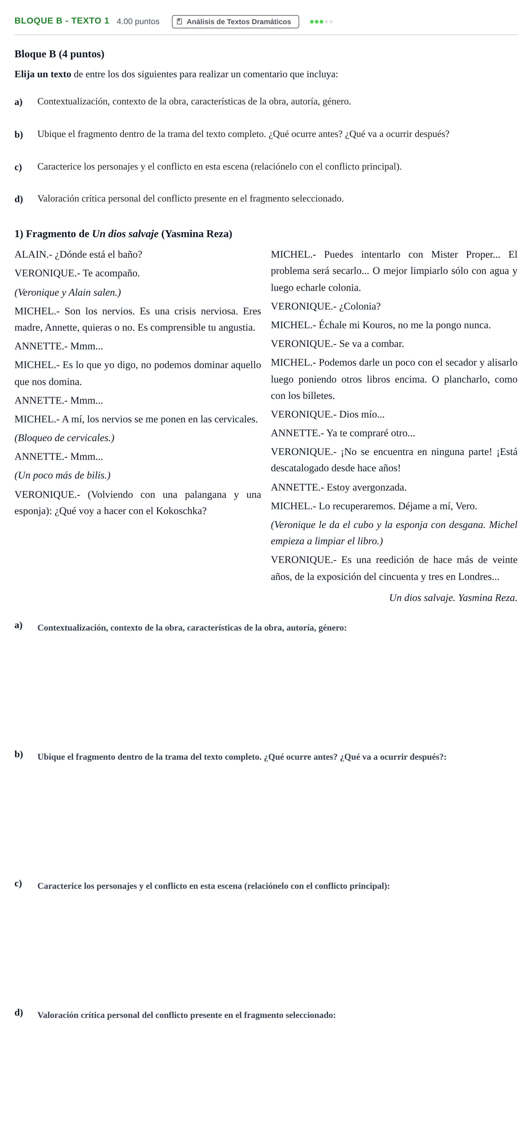 Enunciado: Bloque B - Texto 1 · Artes Escénicas PAU Andalucía Ordinaria Titular 2025