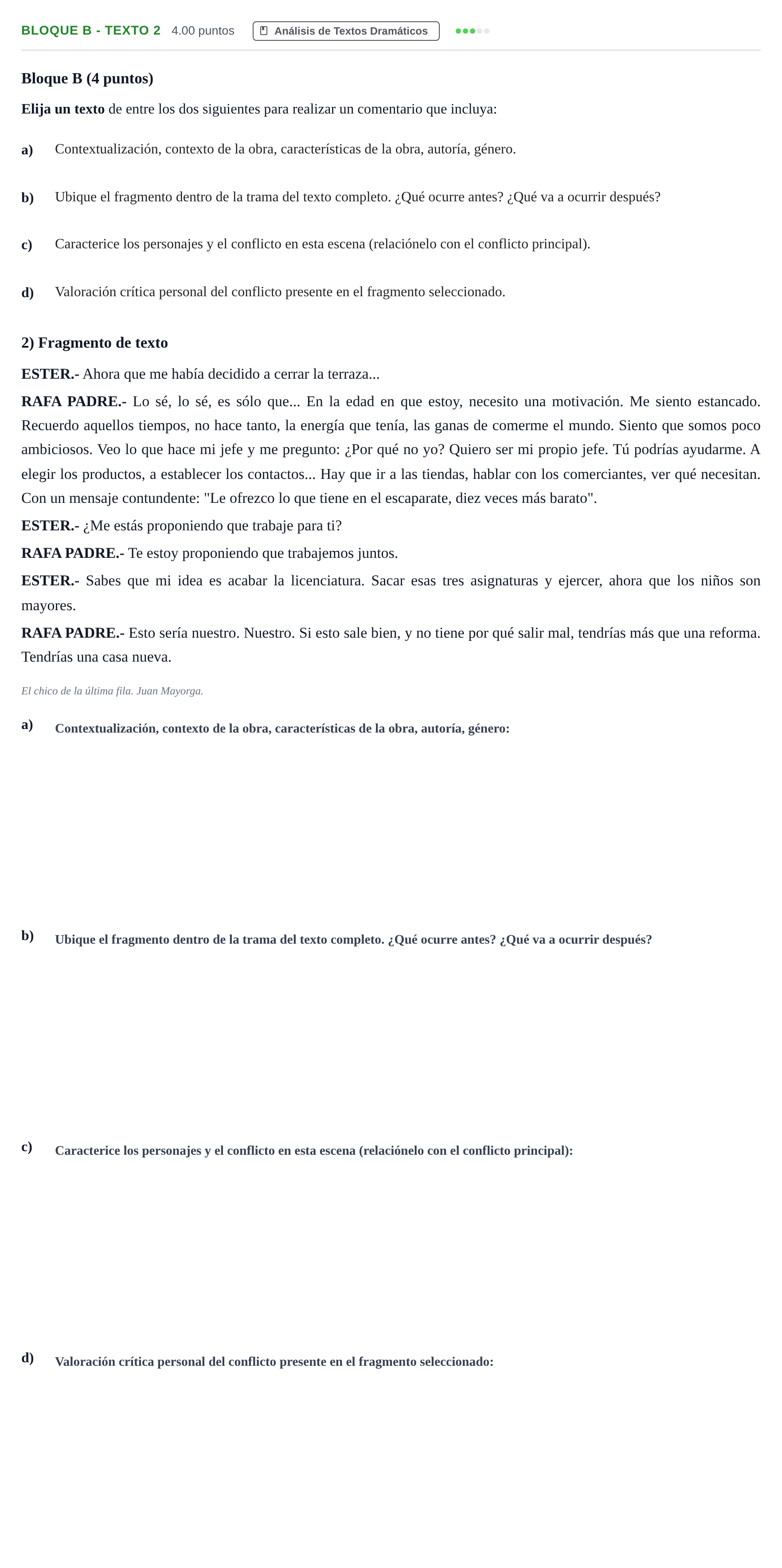 Enunciado: Bloque B - Texto 2 · Artes Escénicas PAU Andalucía Ordinaria Titular 2025