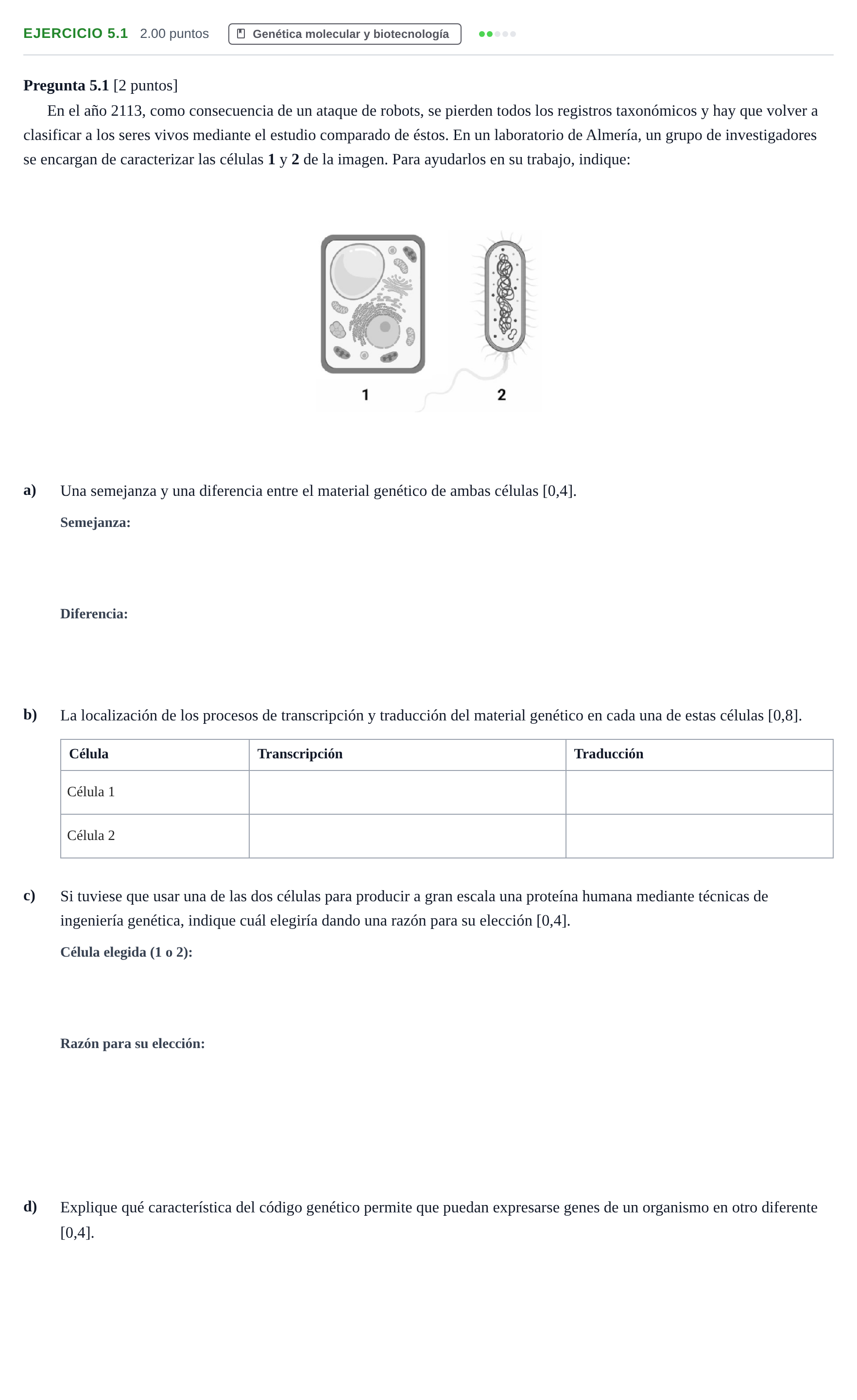 Enunciado: Ejercicio 5.1 · Biología PAU Andalucía Extraordinaria Suplente 1 2025