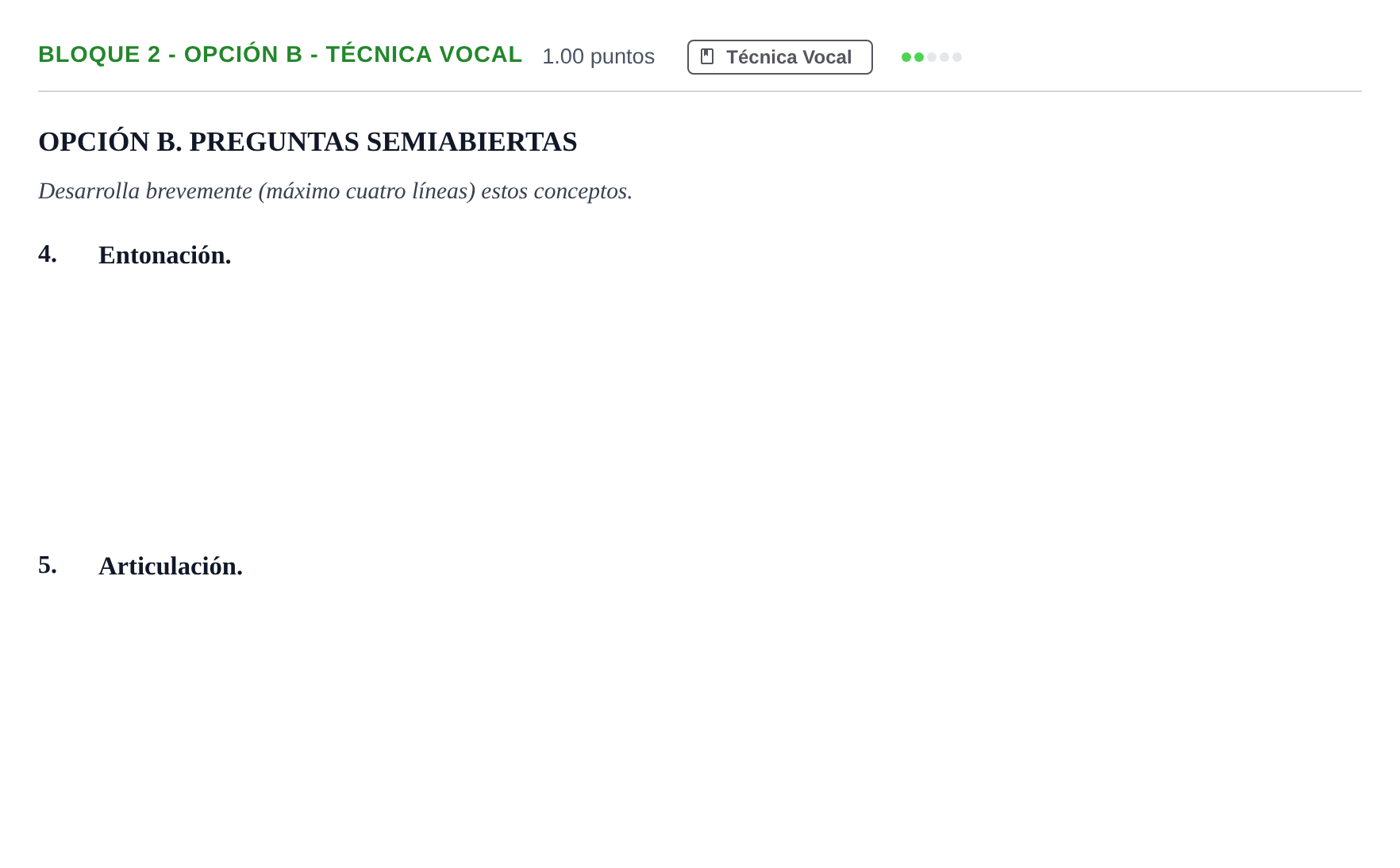 Enunciado: Bloque 2 - Opción B - Técnica Vocal · Coro y Técnica Vocal II PAU Andalucía Extraordinaria Titular 2025