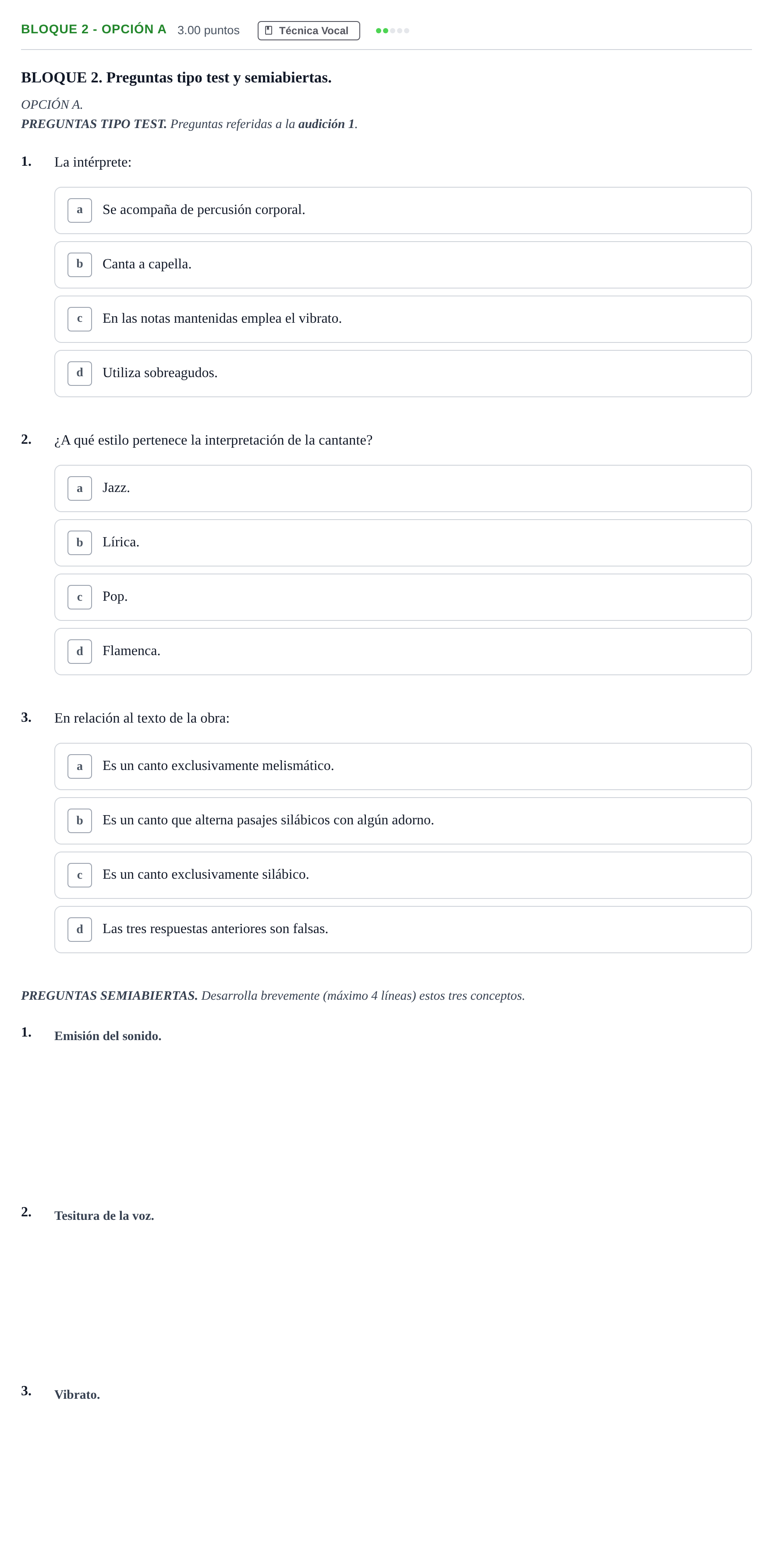 Enunciado: Bloque 2 - Opción A · Coro y Técnica Vocal II PAU Andalucía Ordinaria Titular 2025