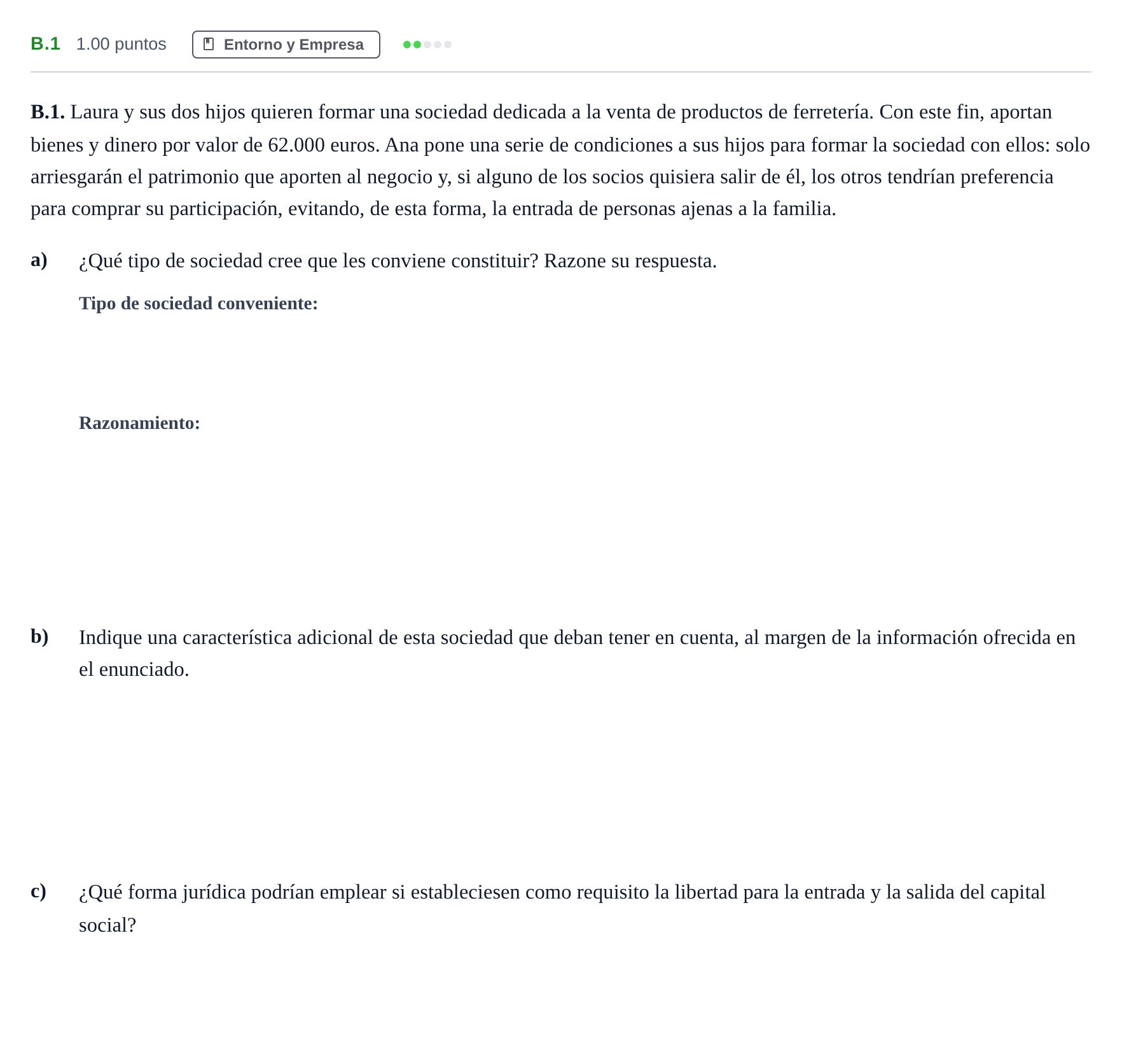 Enunciado: Ejercicio B.1 · Economía de la Empresa PAU Andalucía Extraordinaria Suplente 1 2025