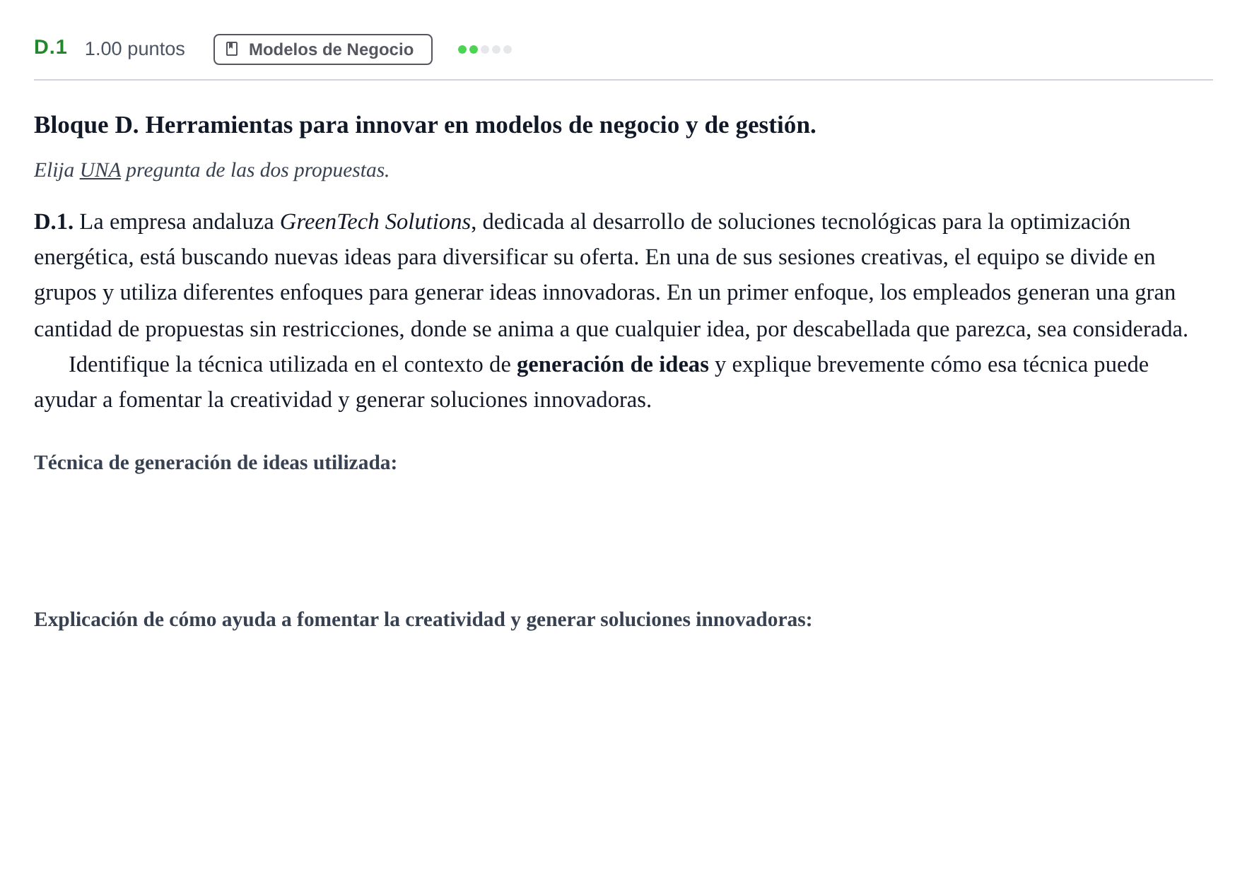 Enunciado: Ejercicio D.1 · Economía de la Empresa PAU Andalucía Extraordinaria Suplente 2 2025