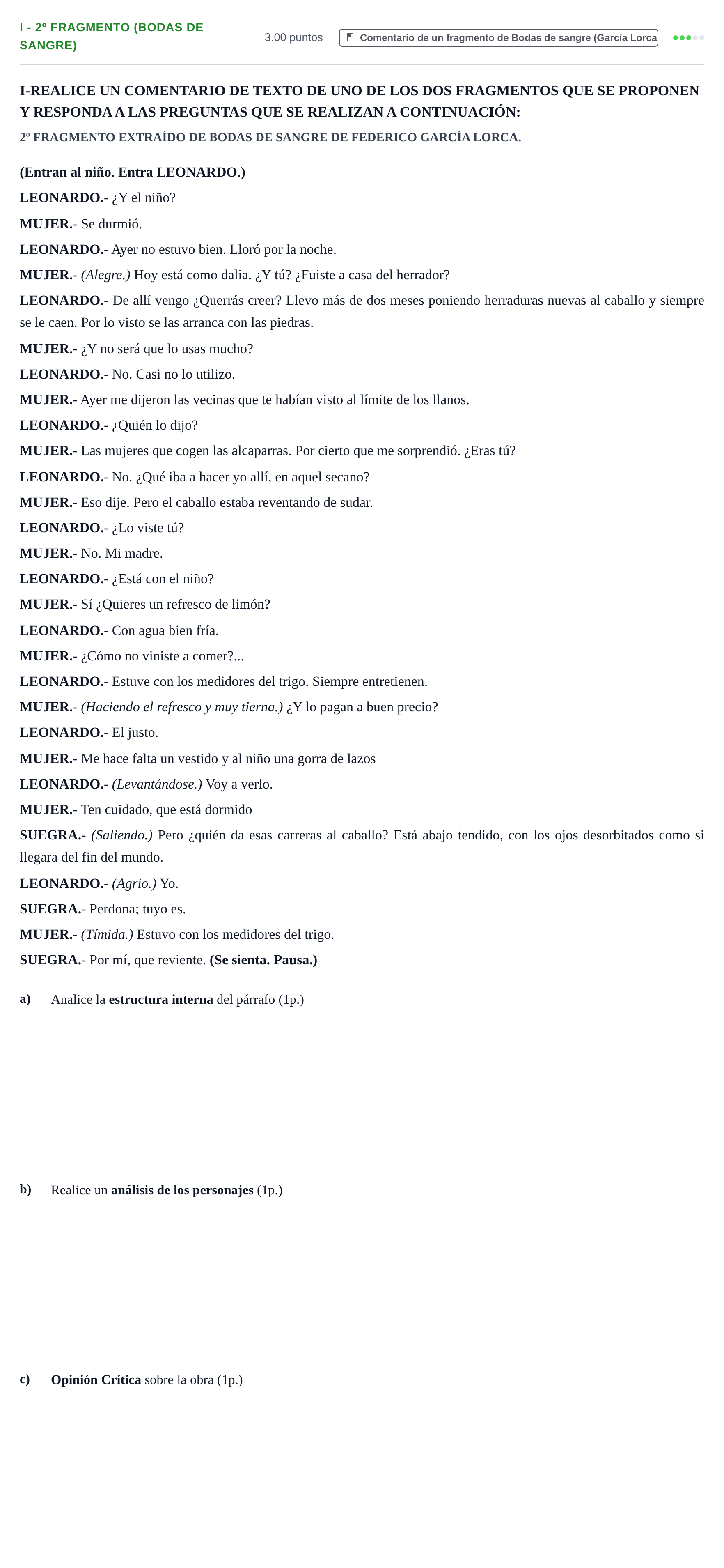 Enunciado: Ejercicio I - 2º Fragmento (Bodas de sangre) · Artes Escénicas PAU Castilla-La Mancha Extraordinaria 2023