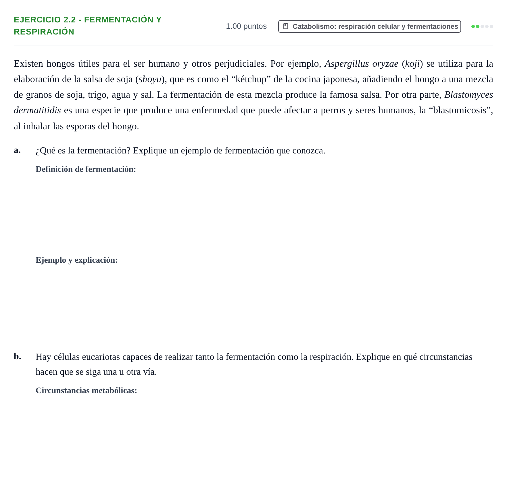Enunciado: Ejercicio 2.2 - Fermentación y respiración · Biología PAU Castilla-La Mancha Extraordinaria 2023