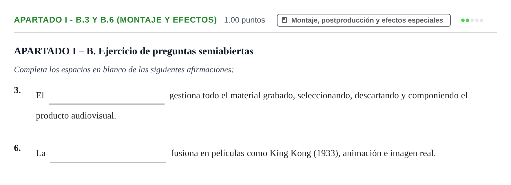 Enunciado: Apartado I - B.3 y B.6 (Montaje y efectos) · Cultura Audiovisual II PAU Castilla-La Mancha Ordinaria 2023