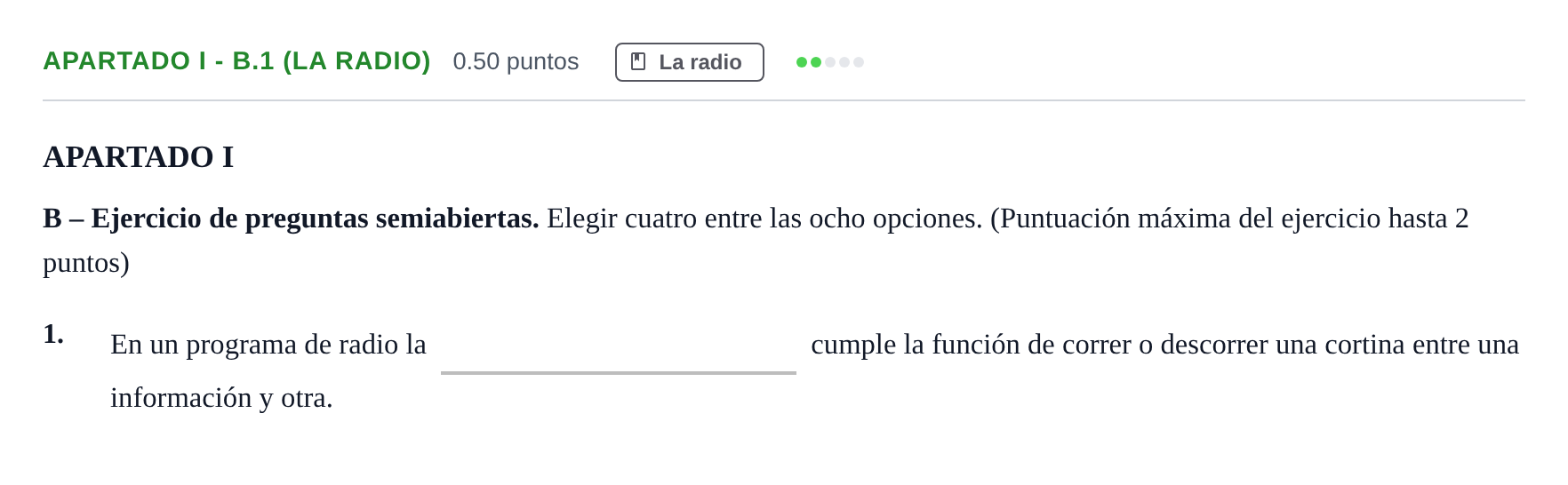 Enunciado: Apartado I - B.1 (La radio) · Cultura Audiovisual II PAU Castilla-La Mancha Ordinaria 2023