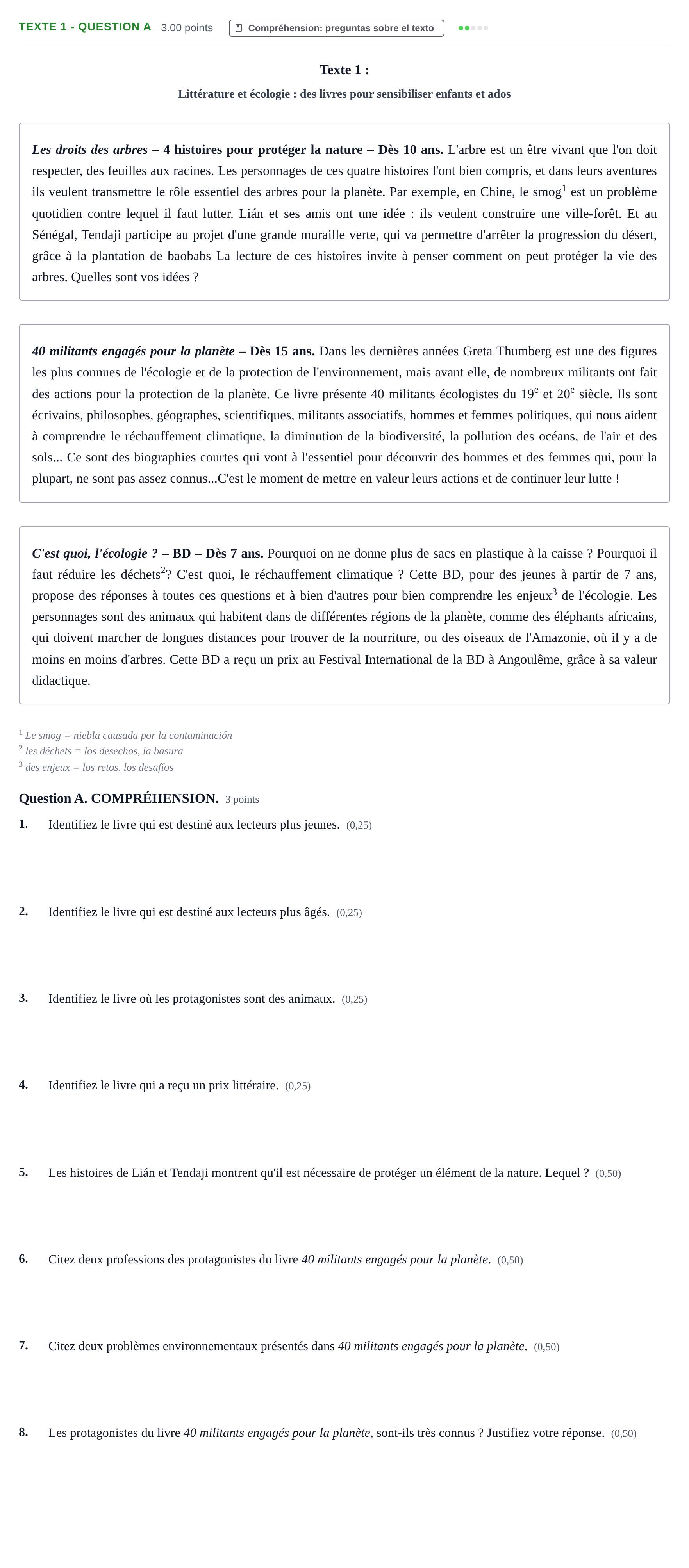 Enunciado: Ejercicio Texte 1 - Question A · Francés PAU Castilla-La Mancha Extraordinaria 2023